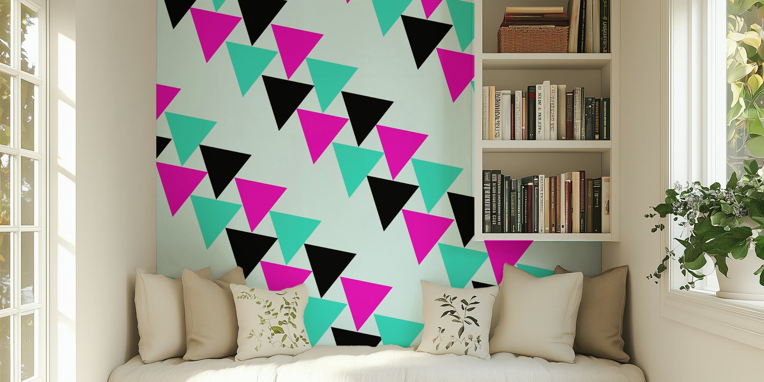 Colorful triangles in pink, turquoise, and black geometric wallpaper