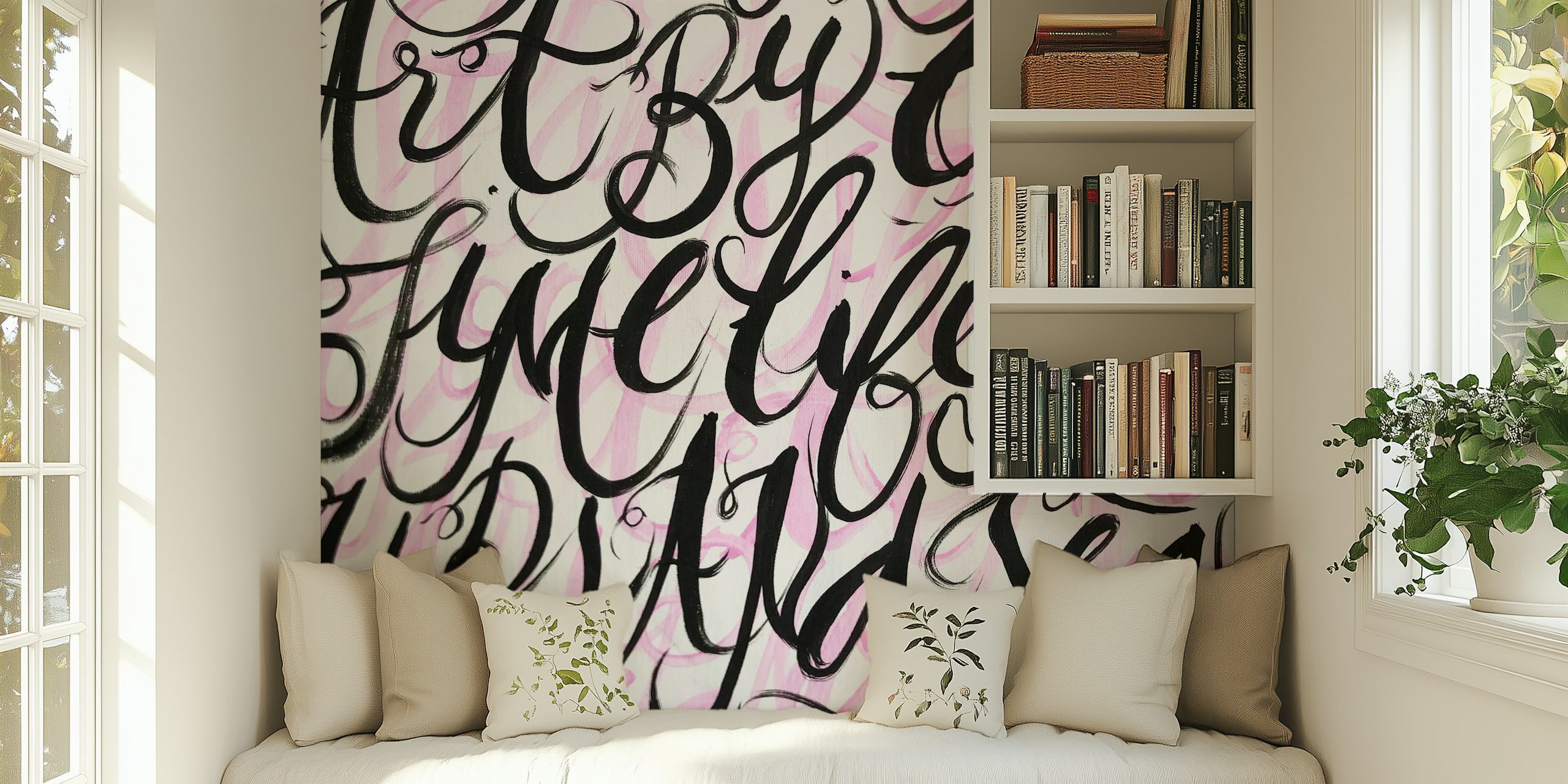 Black abstract lettering on a pink background wallpaper
