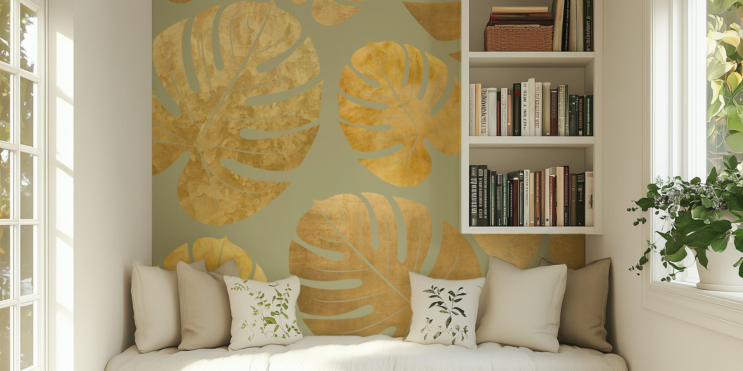 Papier peint mural feuille de palmier vert mousse et or