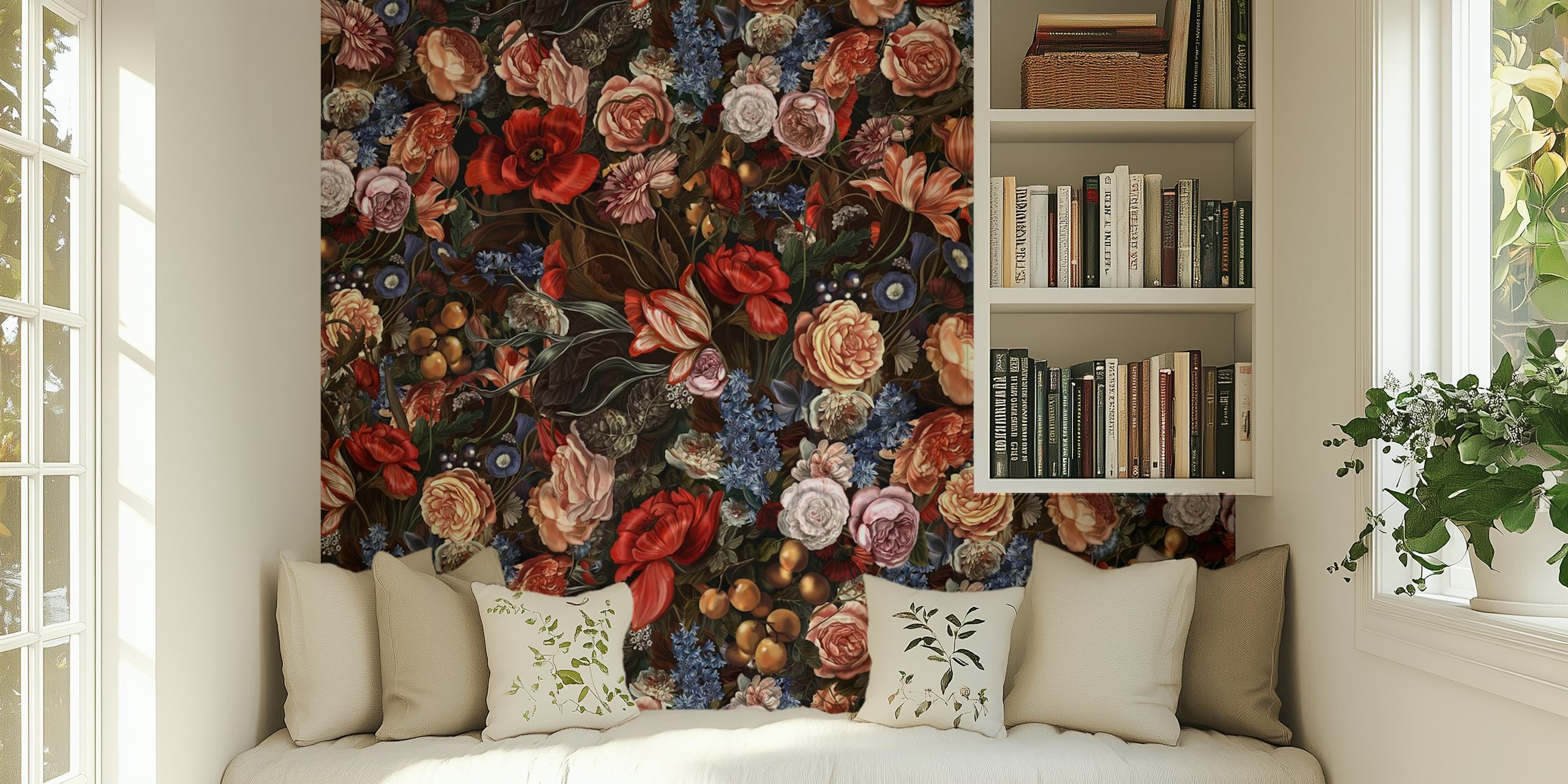 Floral pattern with roses, peonies, and blue flowers on dark background wallpaper