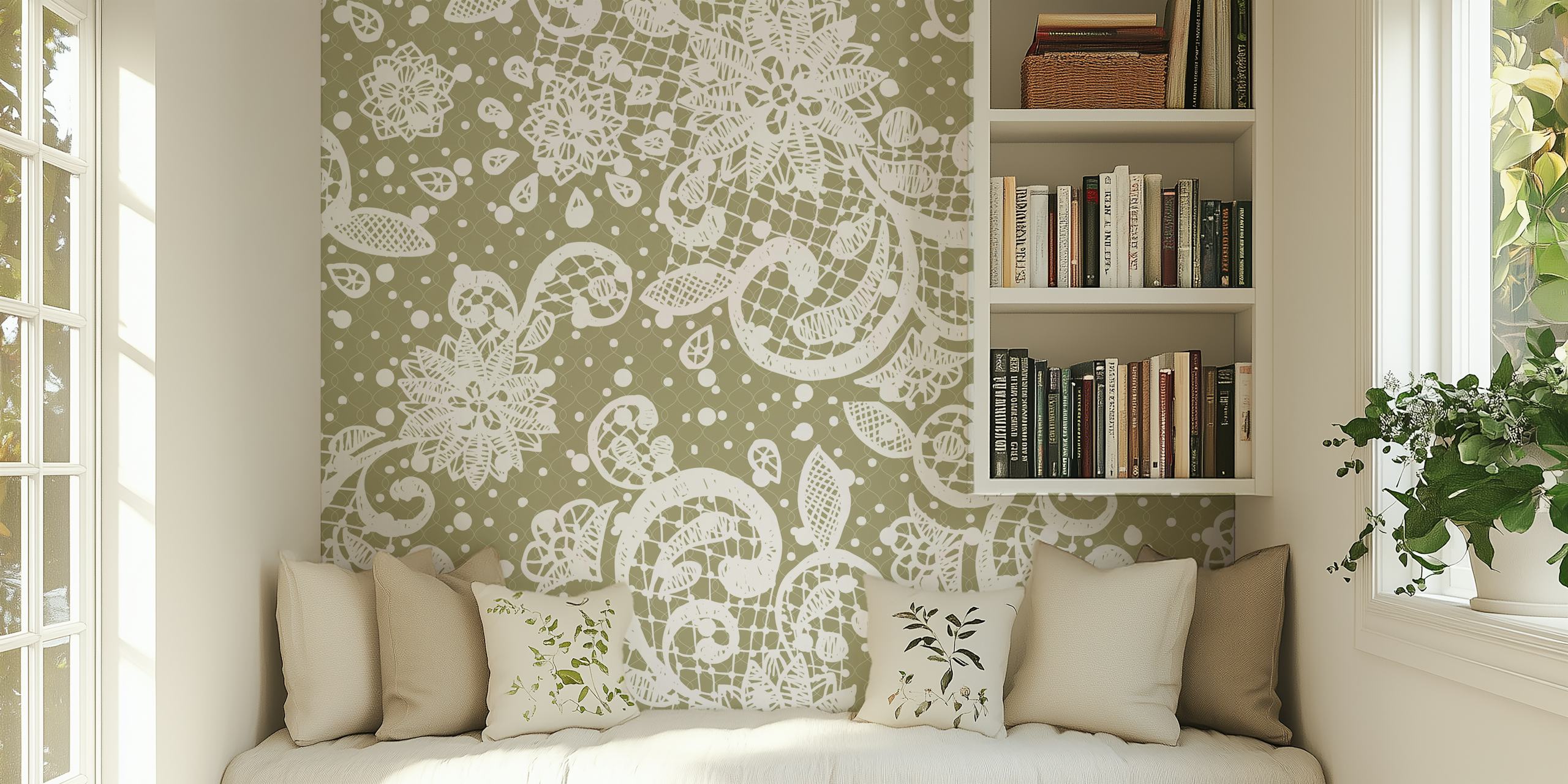 Olive green floral lace pattern wallpaper