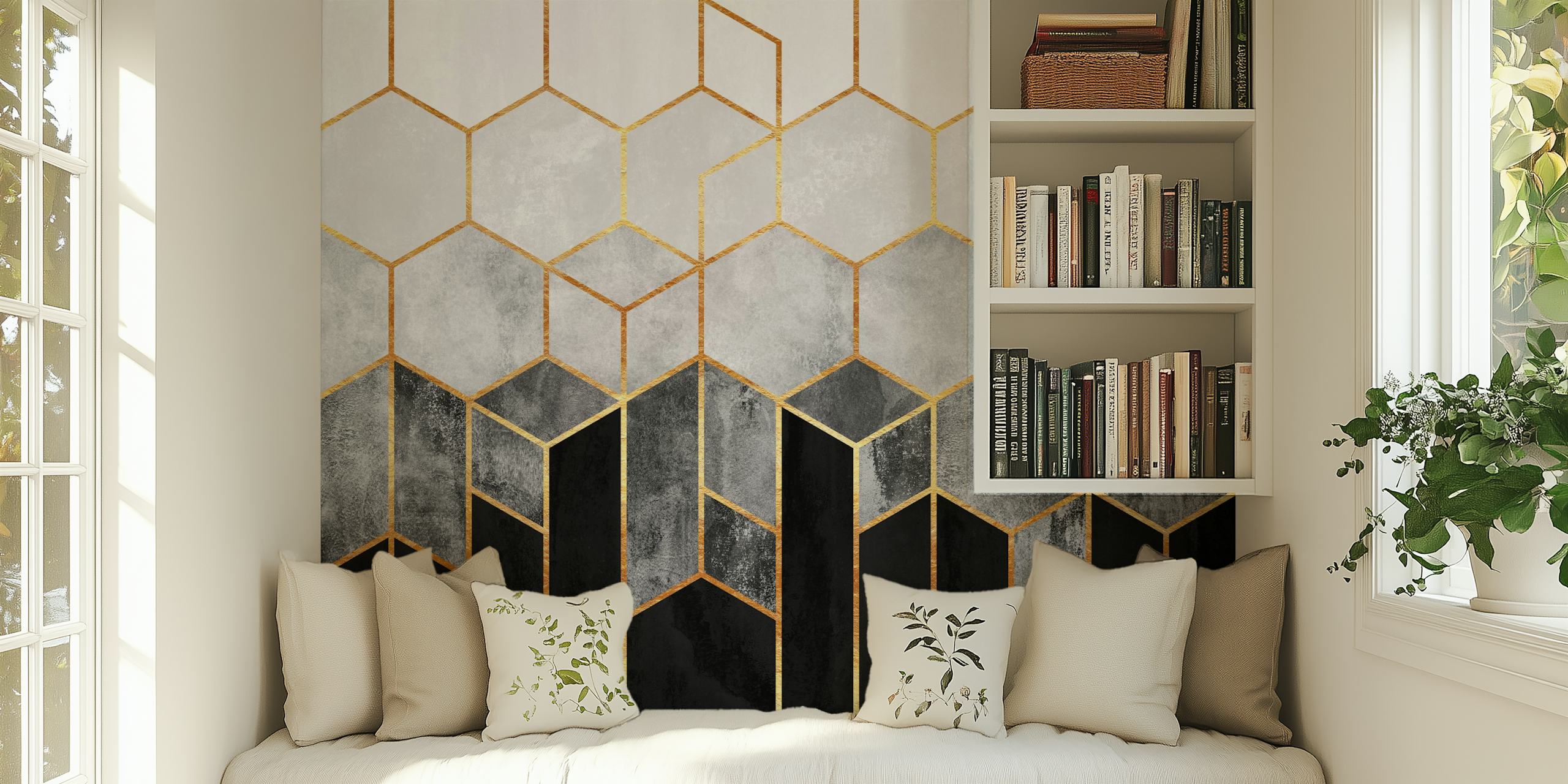 Geometric hexagon pattern in black, white, and gold wallpaper