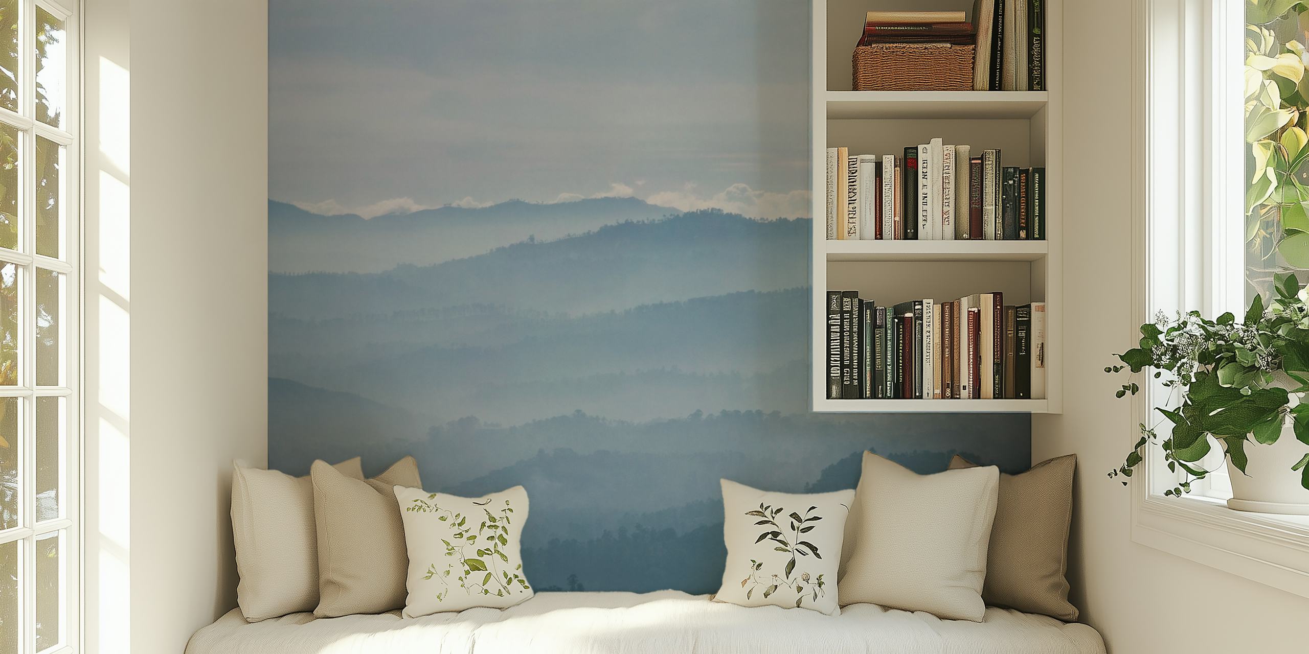 Foggy mountain landscape in blue tones wallpaper