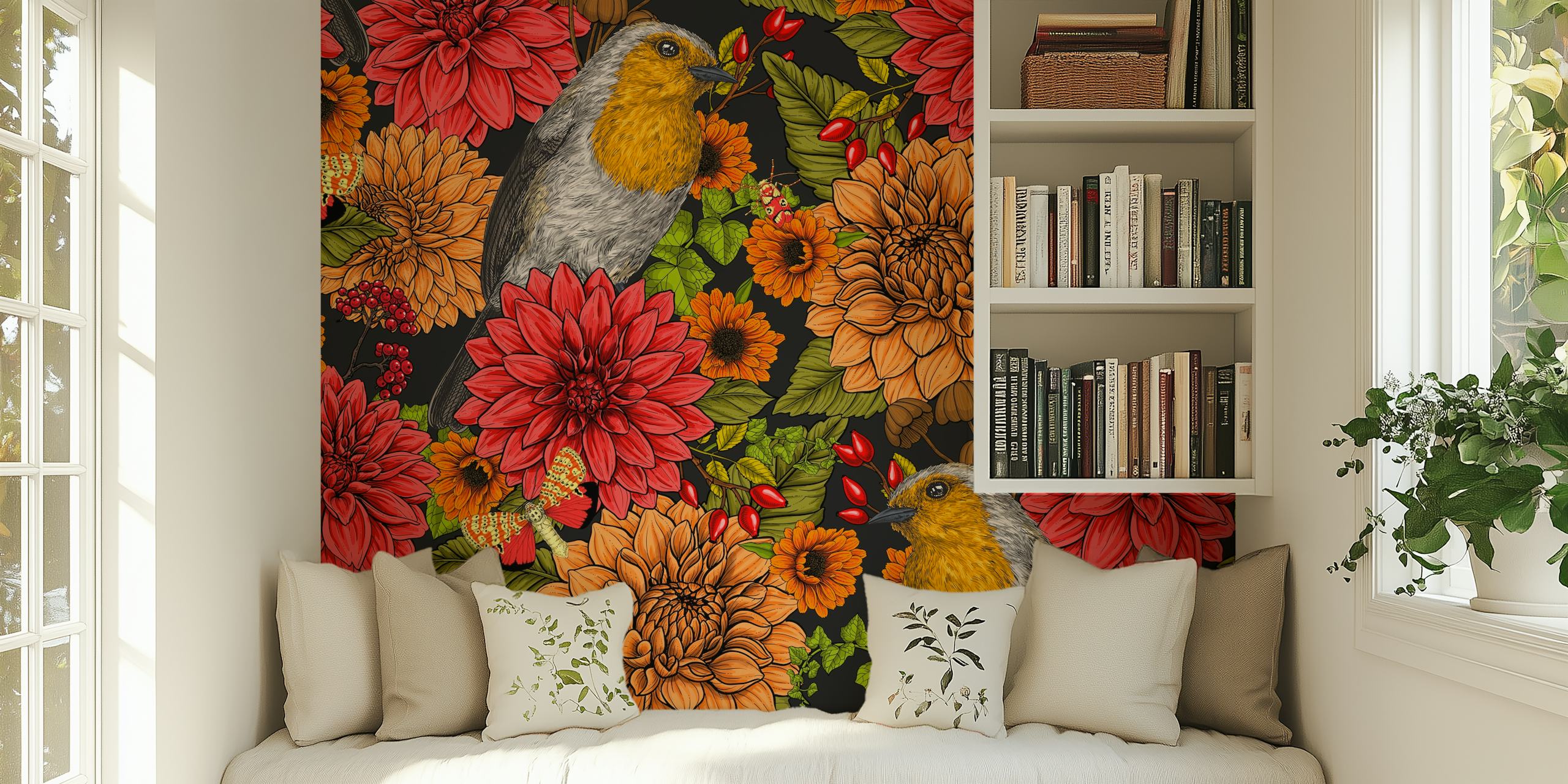 Seinämaalaus robineilla ja värikkäillä kukilla tummalla taustalla luoden eloisan puutarhamaiseman.