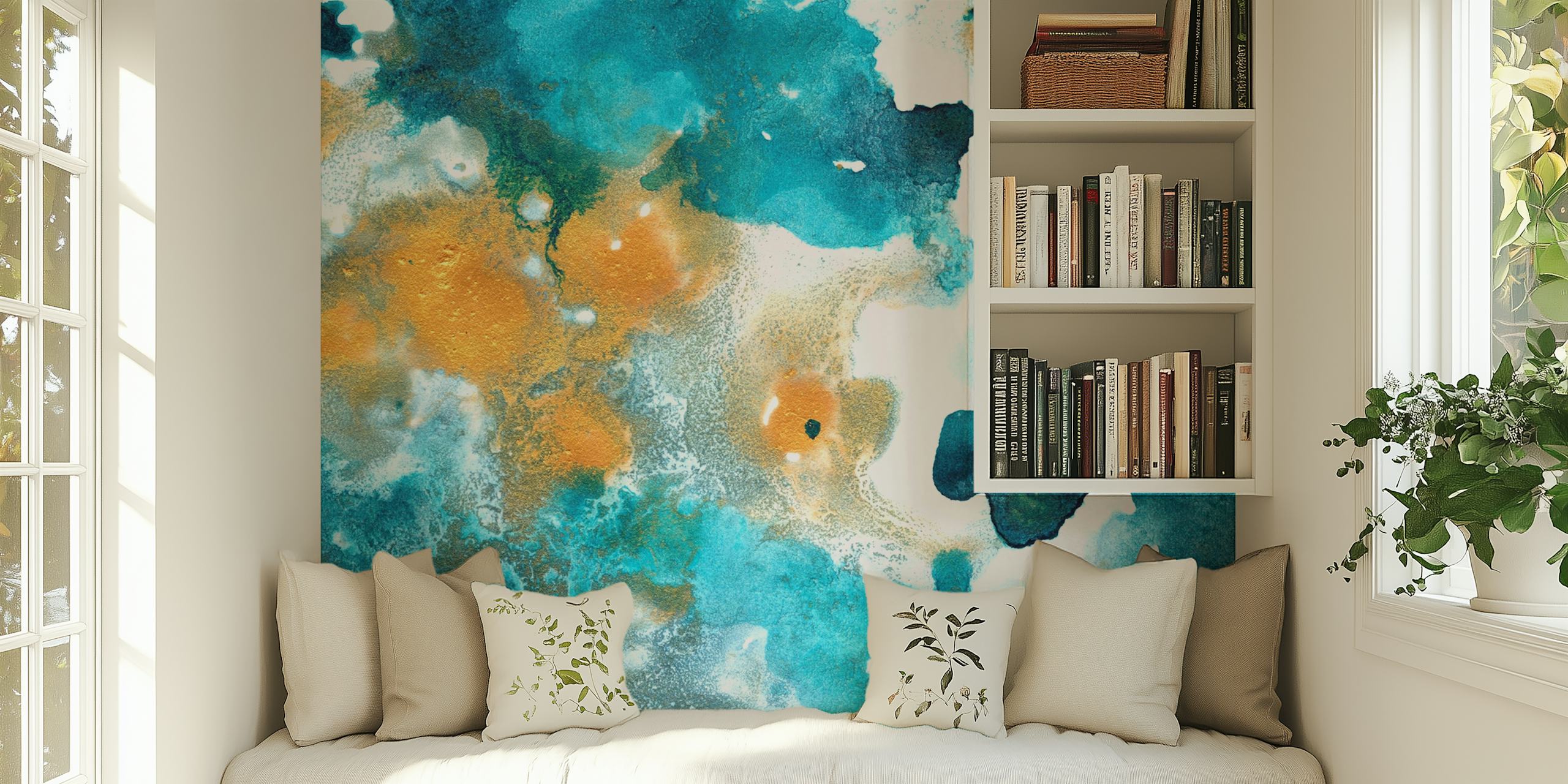 Aqua teal and gold abstract wall mural artwork