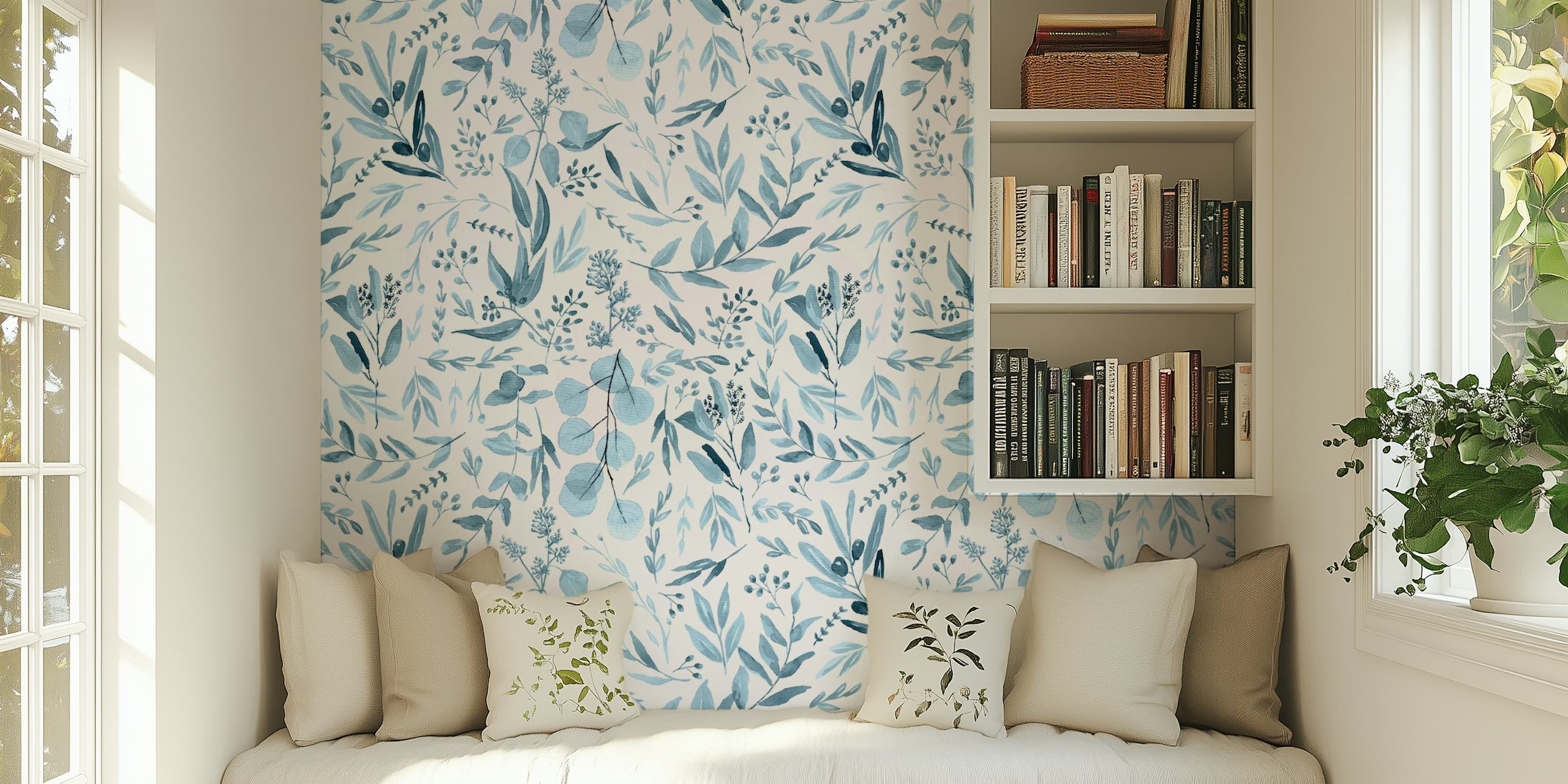 Blue eucalyptus leaves and floral patterns on a white background wallpaper