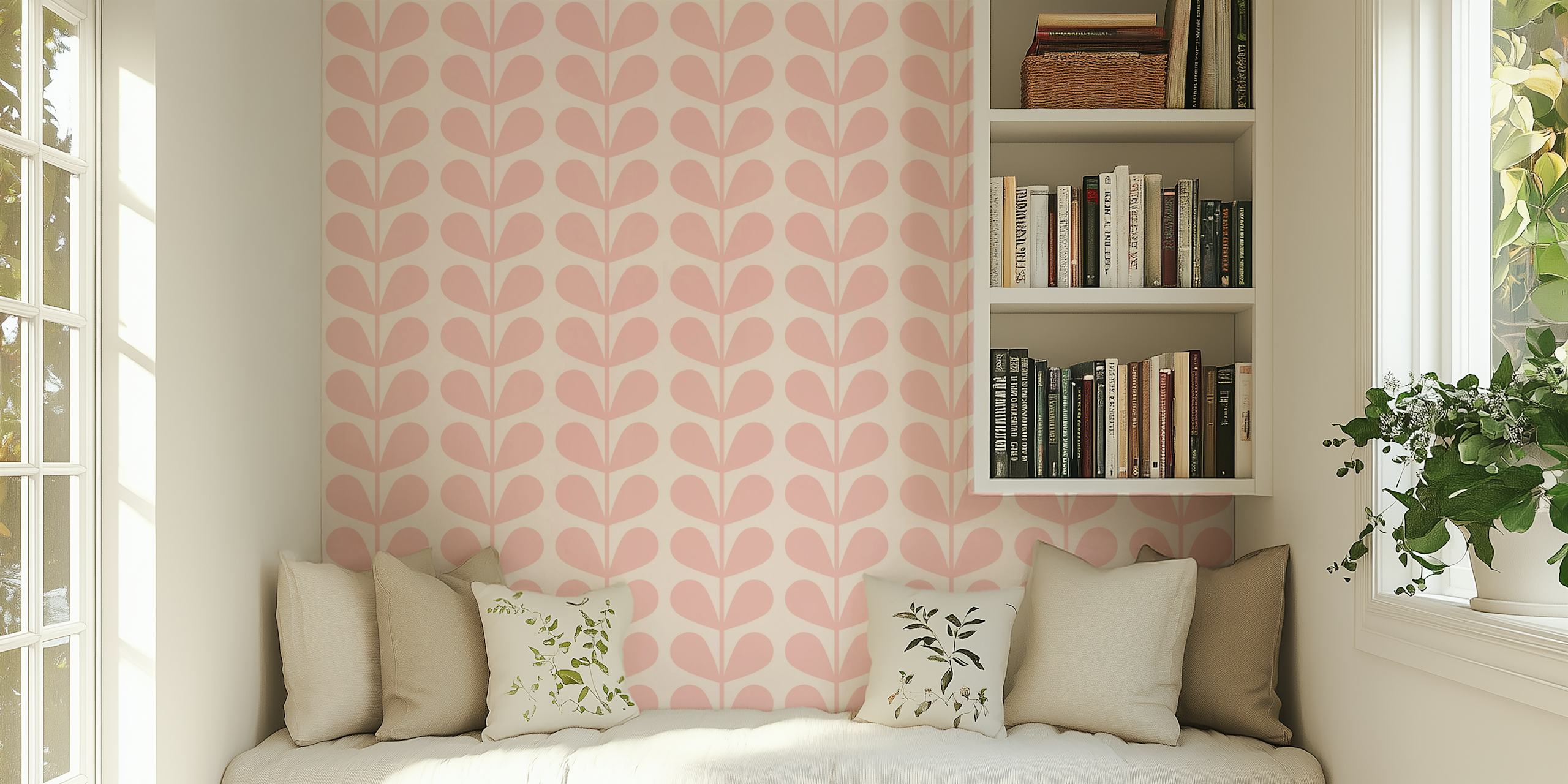 Light pink leaf pattern wallpaper in mid century style