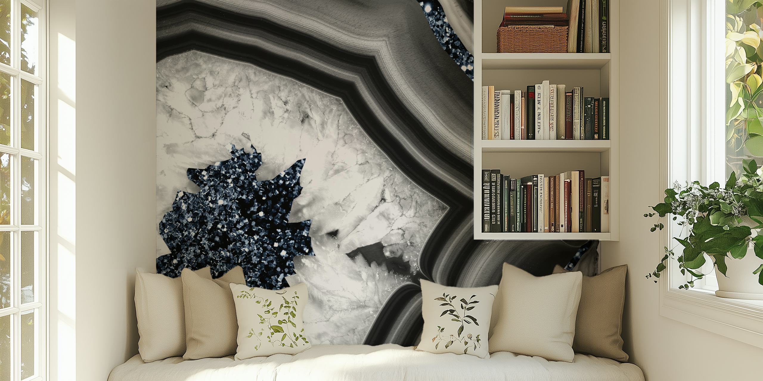 Gray and white agate pattern with sparkling blue glitter wallpaper