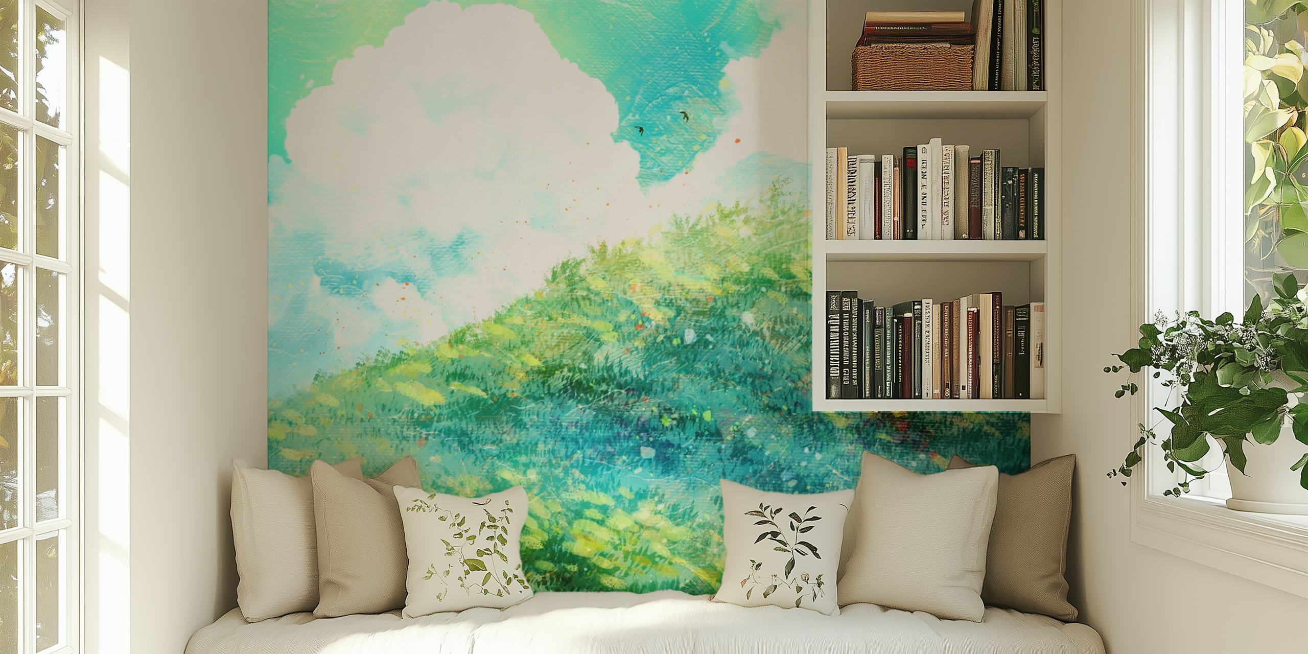 Green meadow hills with lush greenery and blue sky wallpaper