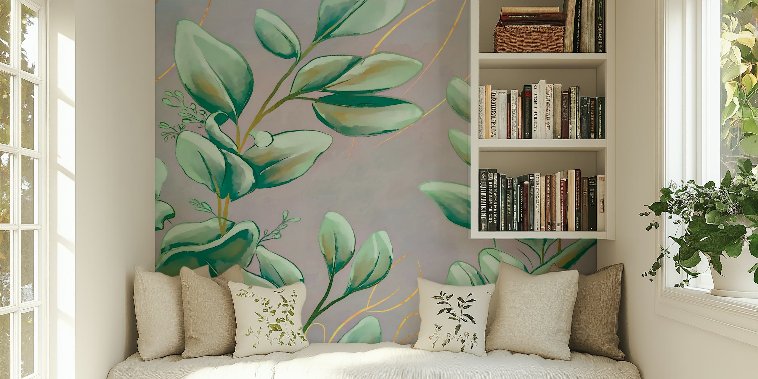 La graffiti verde lascia carta da parati in una stanza