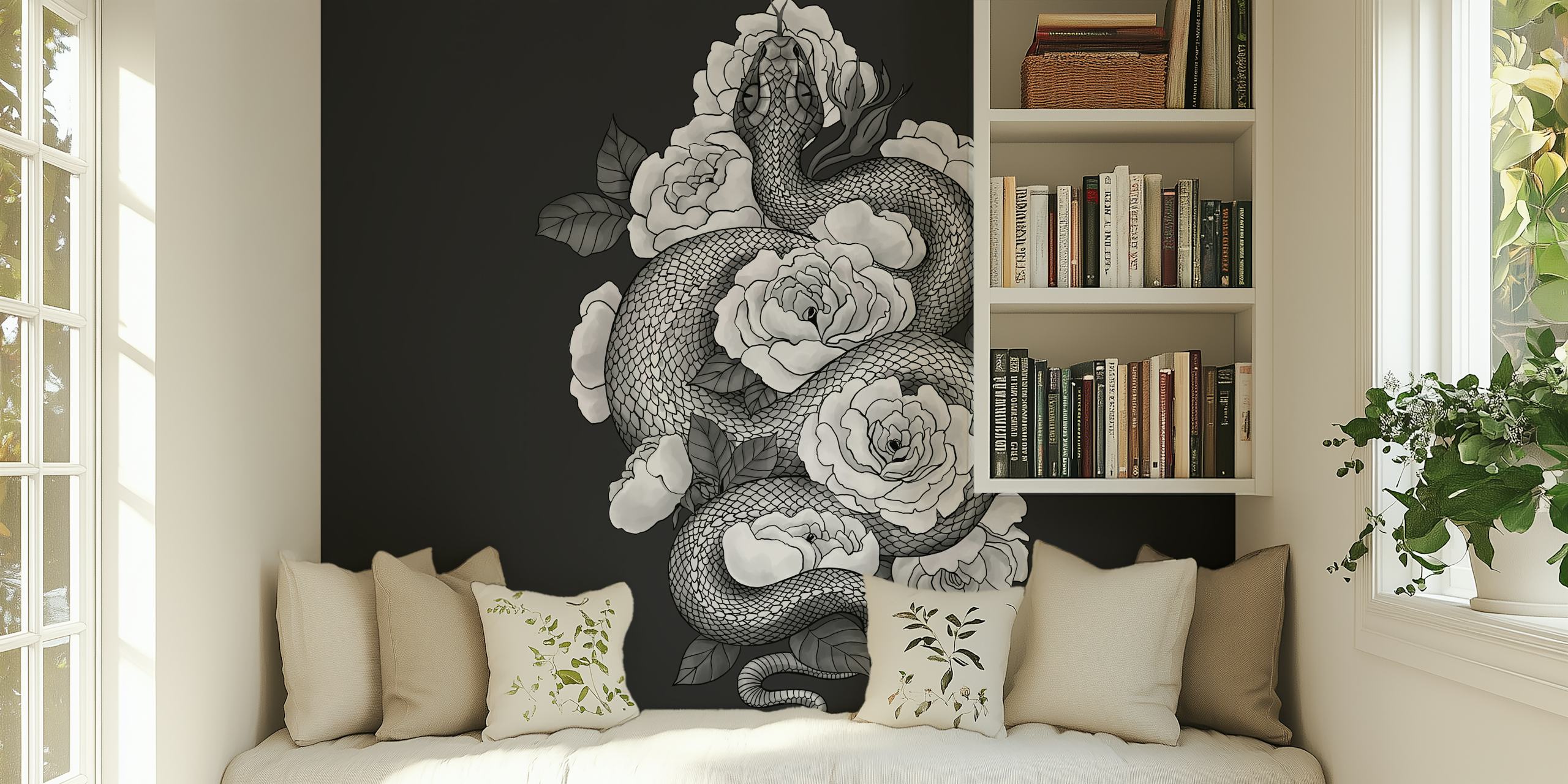 Snake and roses monochrome Tapete in einem Raum