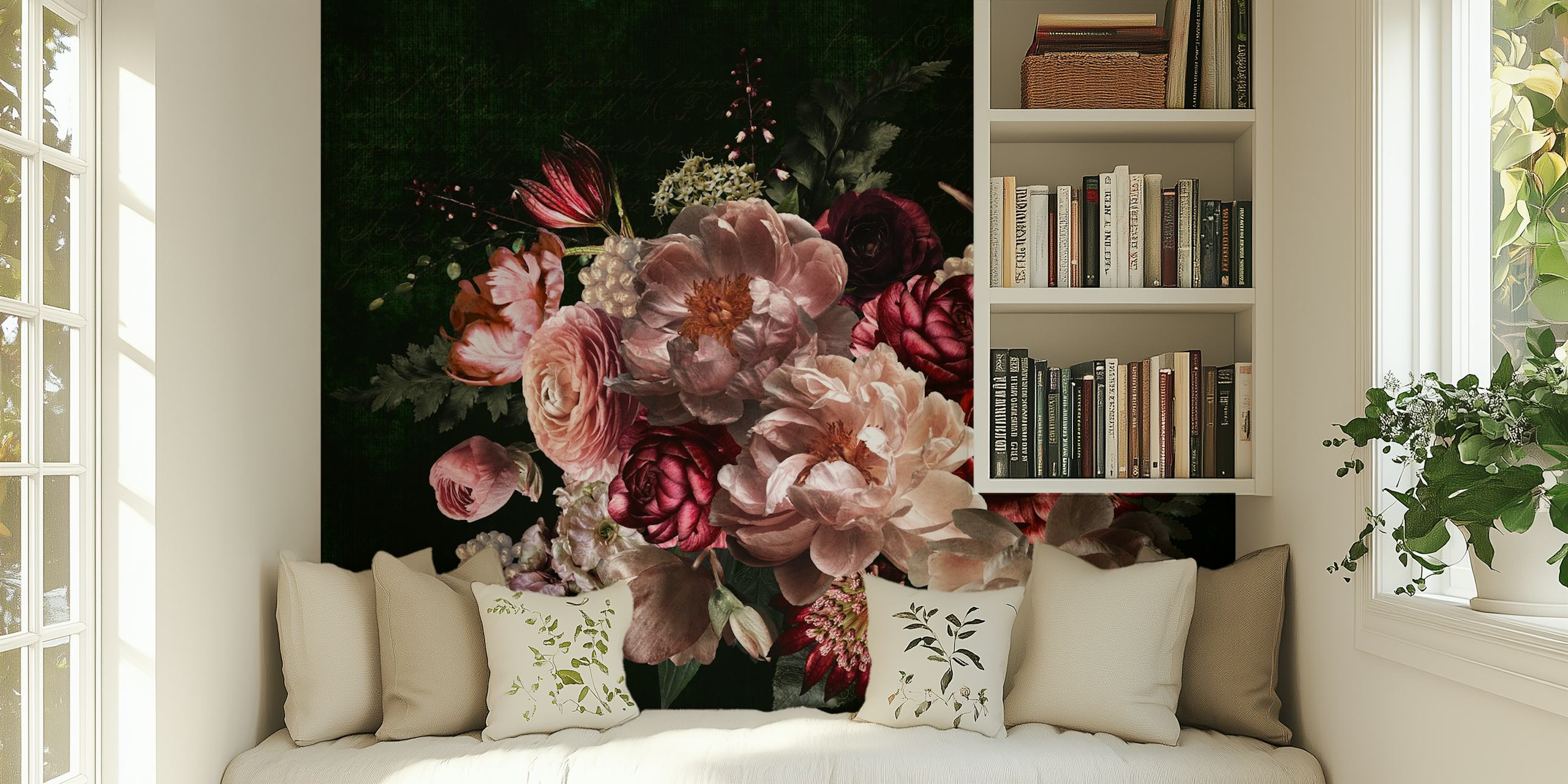 Vintage floral bouquet with pink and burgundy flowers on a dark background wallpaper