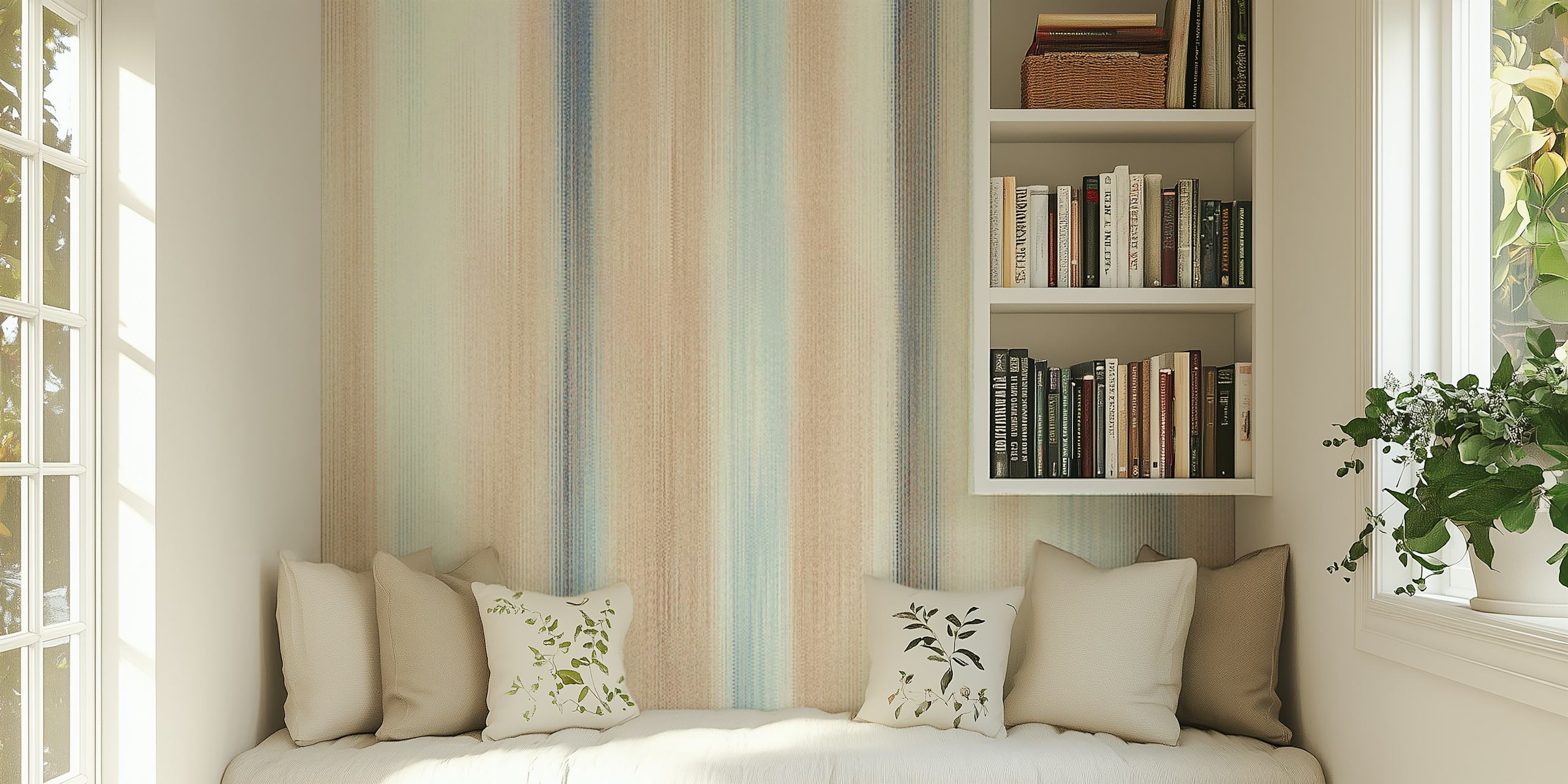 Watercolor striped pattern in beige, light blue, and cream wallpaper