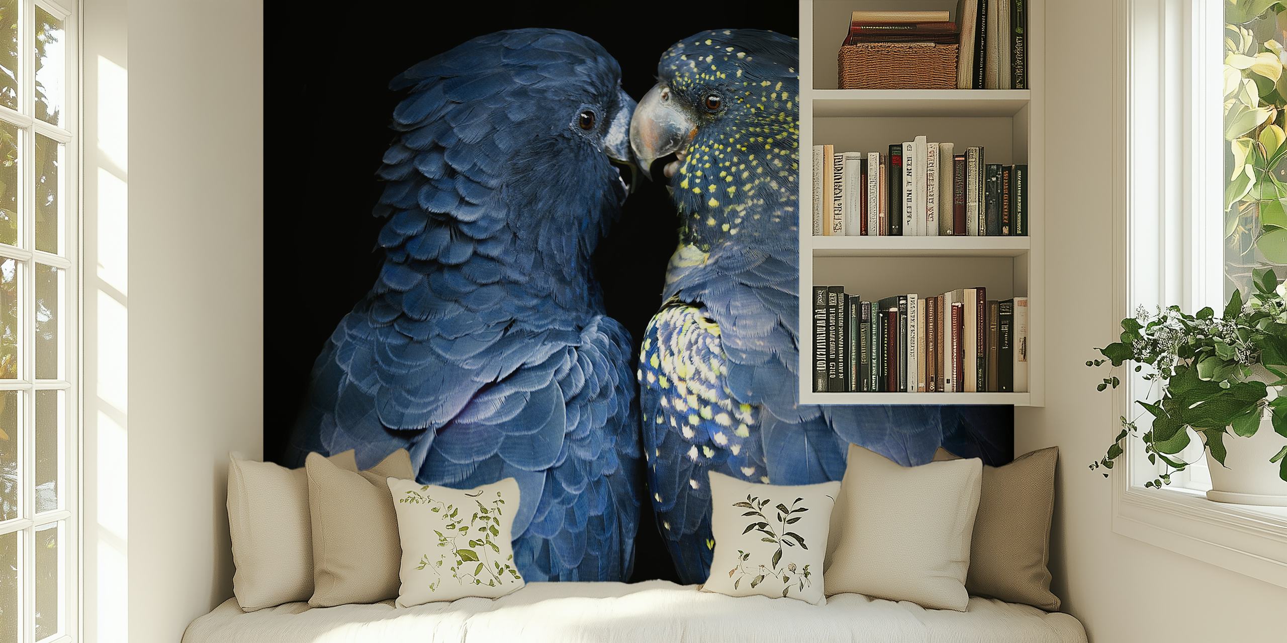 Two navy blue love birds close together with intricate feather detail wallpaper