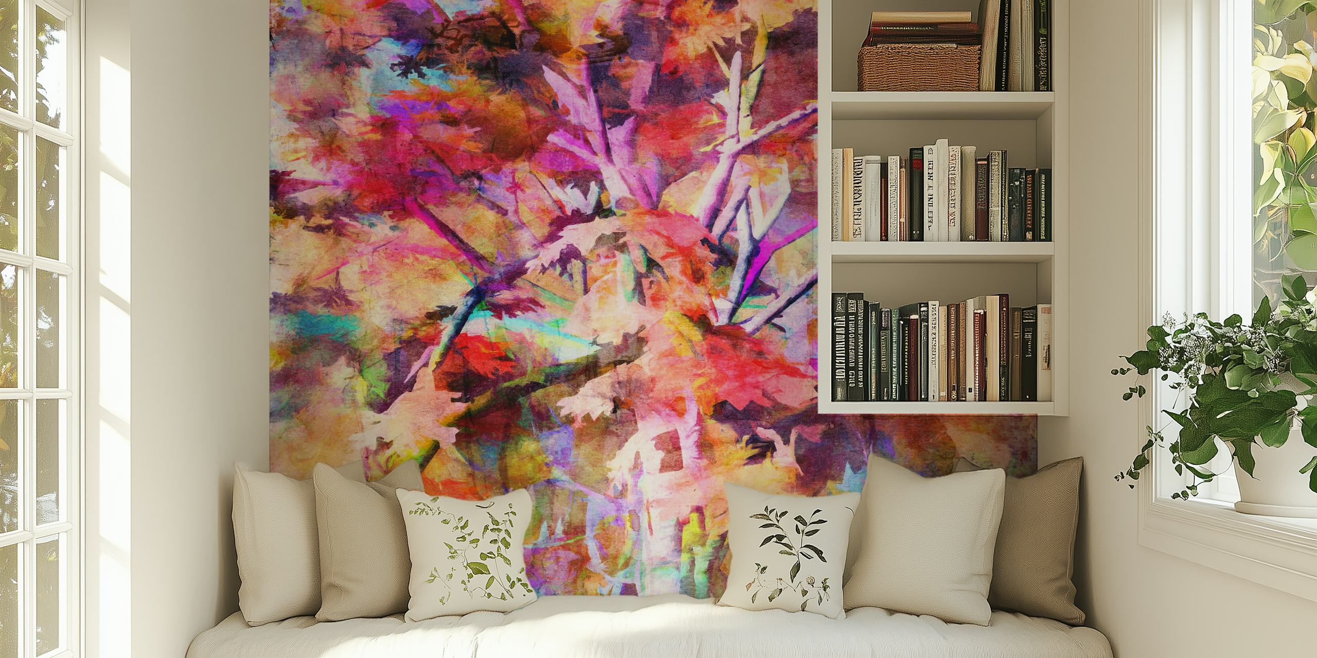 Colorful autumn tree branches with leaves in warm hues wallpaper