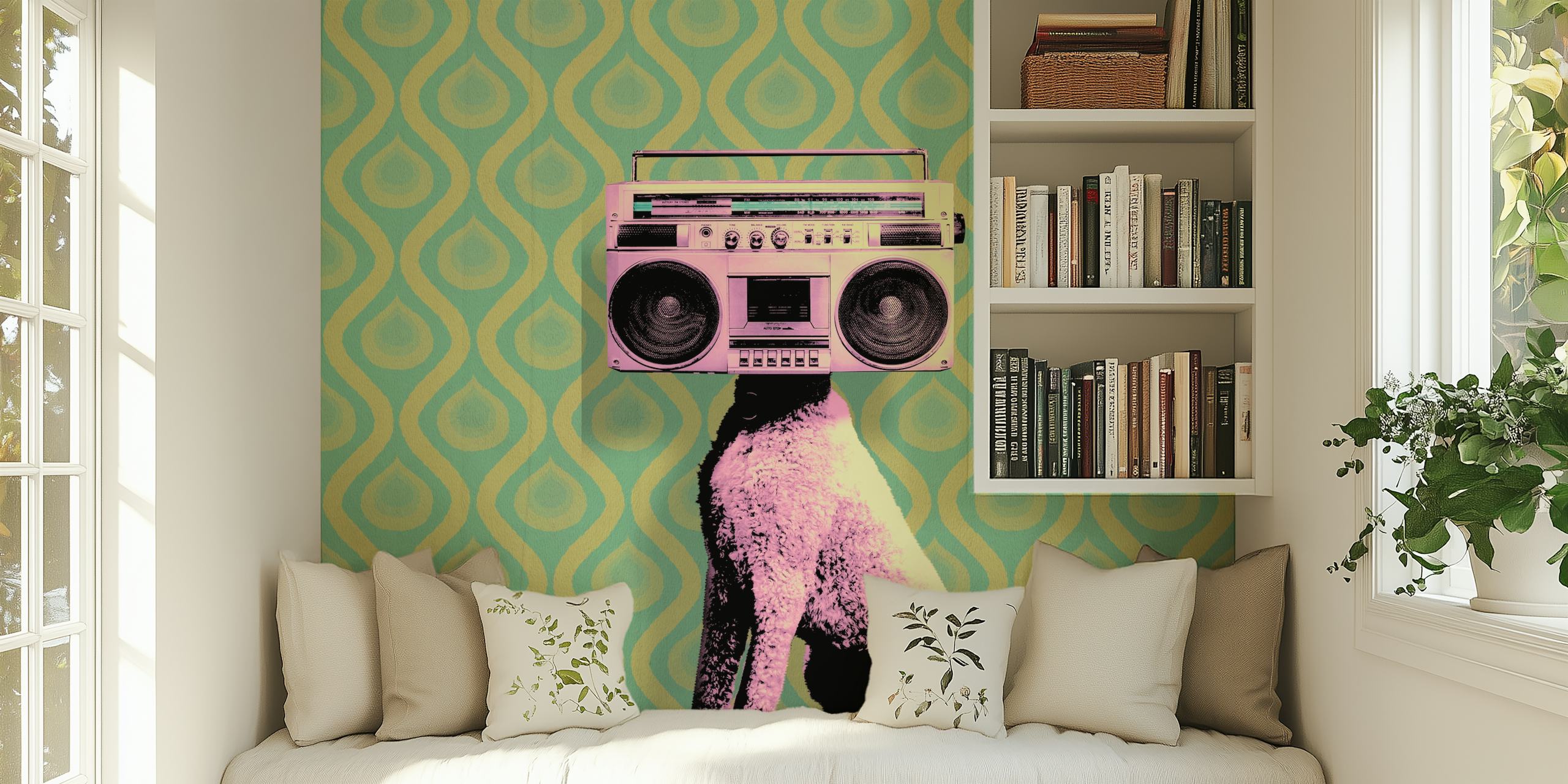 Retro dog with a boombox on a green chevron wallpaper