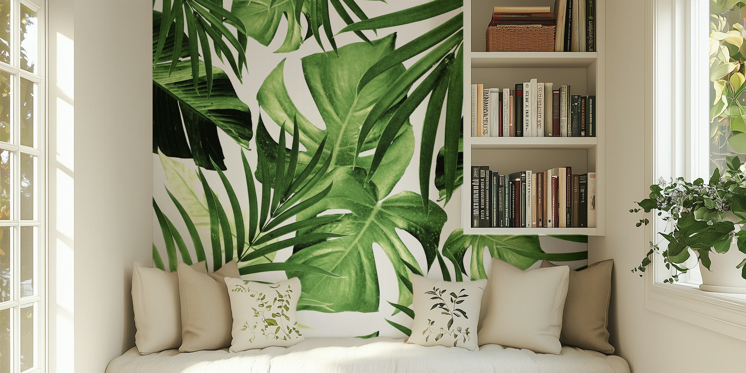 Tropical green leaves on a white background wallpaper