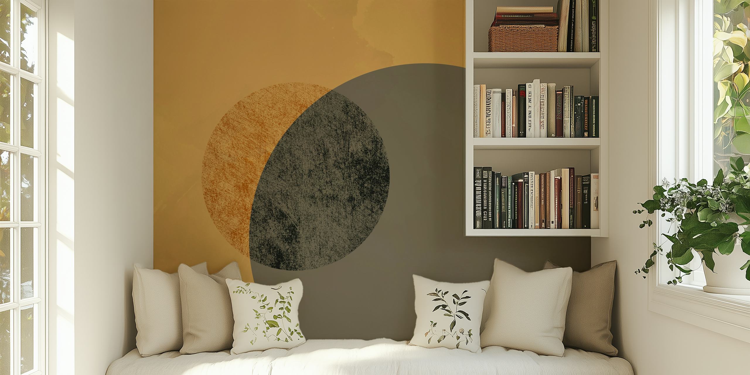 Eclipse wall mural with abstract celestial design featuring golden beige and grey tones