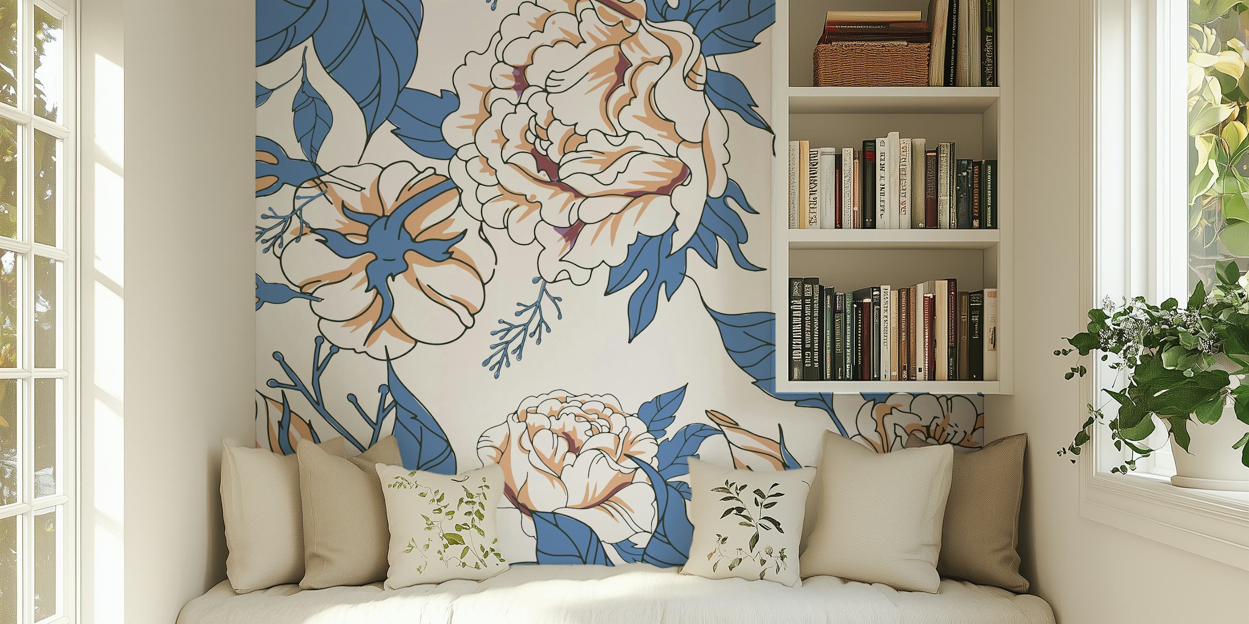 Elegant hvidt og blåt stort blomstret vægmaleridesign