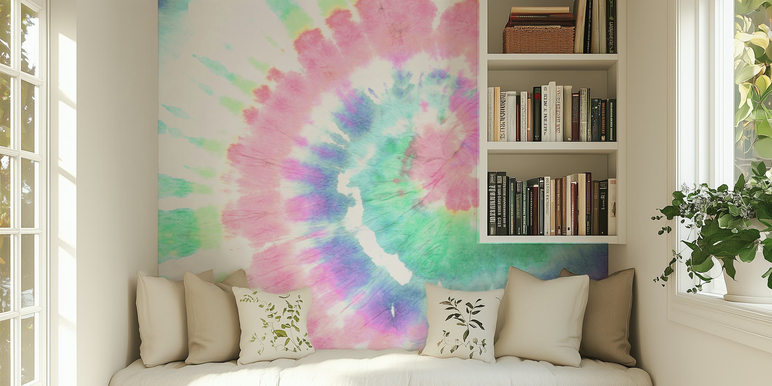 Energieke roze tie-dye muurschildering met wervelingen van roze, groen en blauw