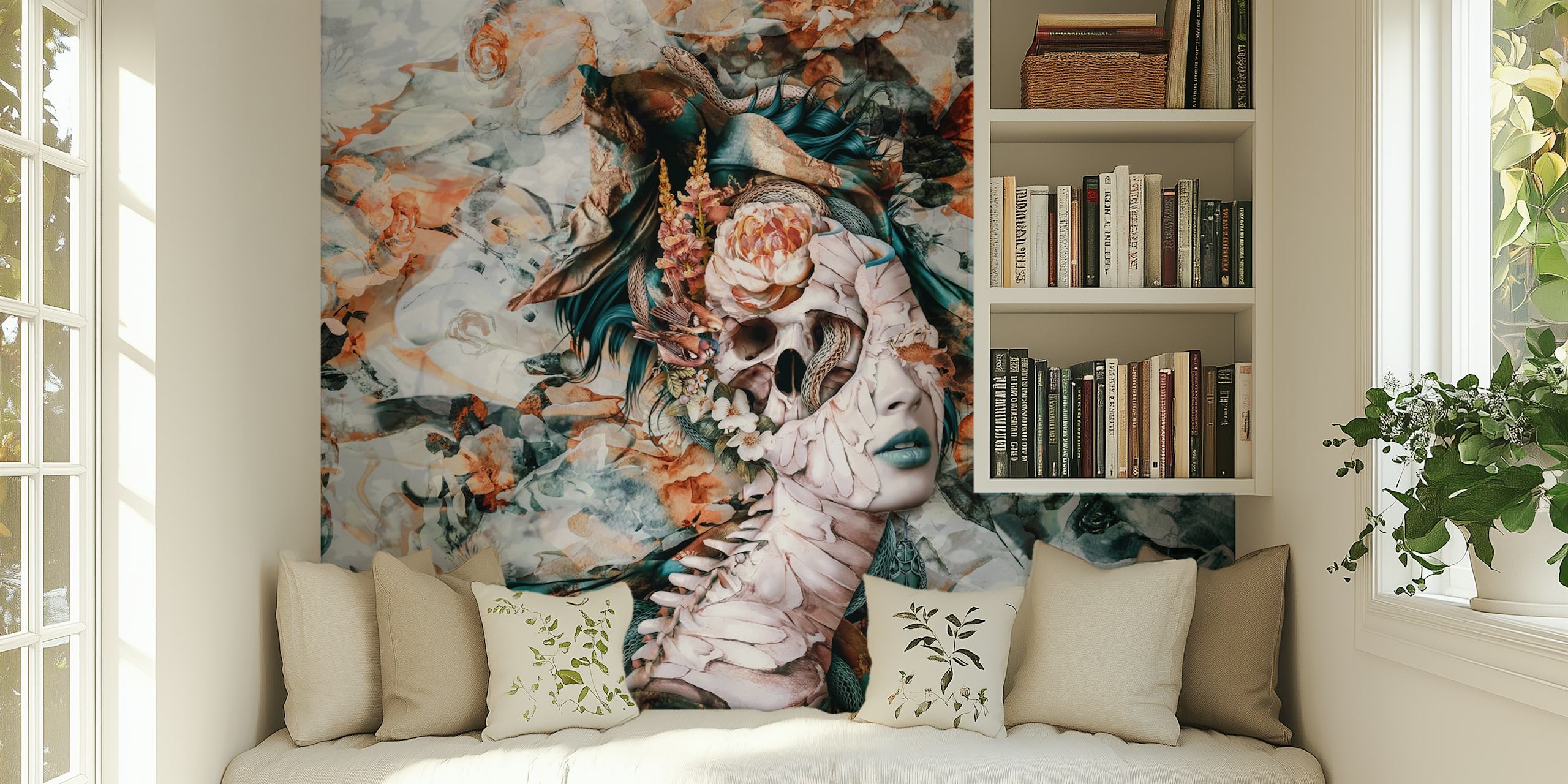 Floral pattern with skull and vibrant colors on wallpaper