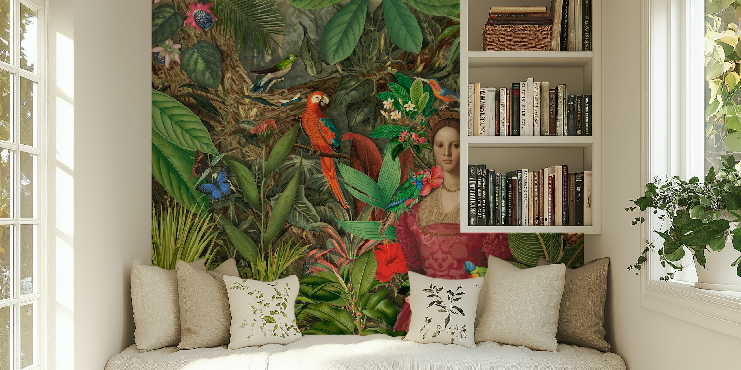 Colorful tropical jungle wallpaper with birds and plants