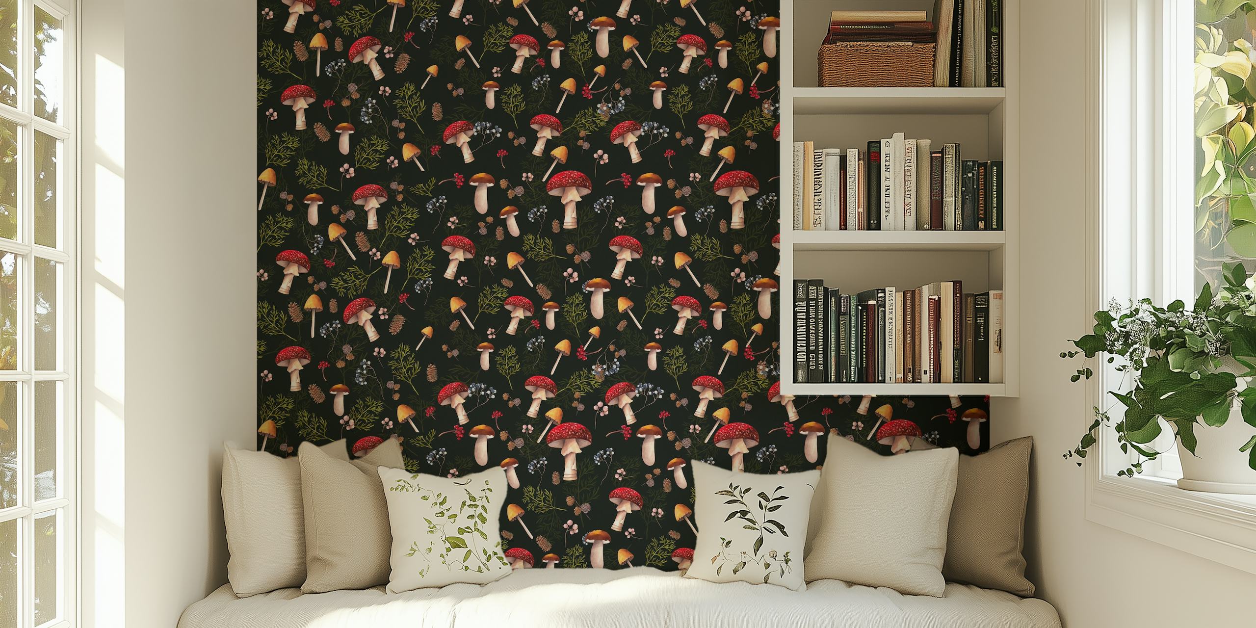 Various colorful mushrooms on a dark background wallpaper