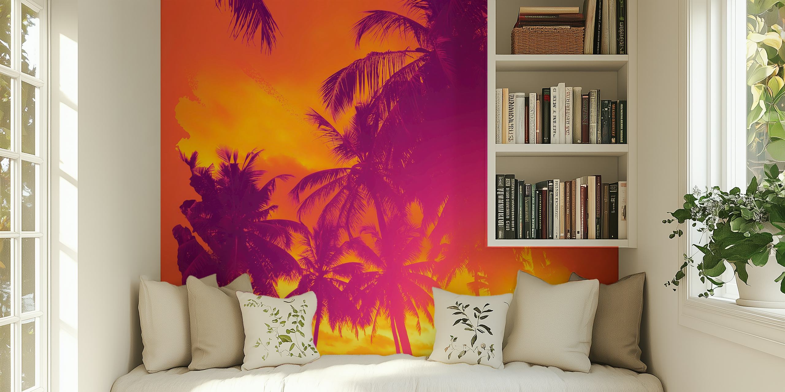 Retro sunset with palm tree silhouettes wall mural
