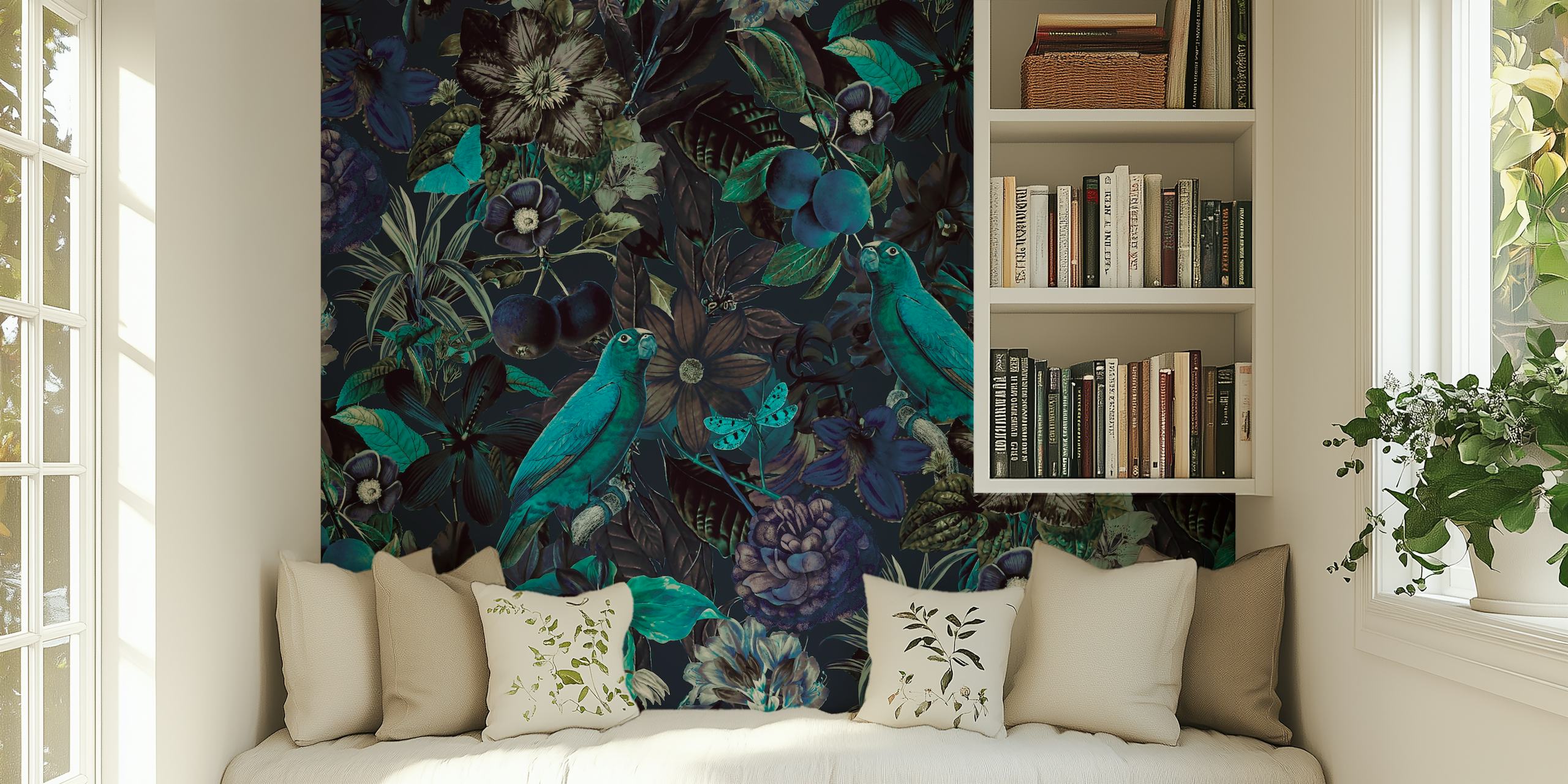 Tropical floral pattern with teal birds and dark flowers wallpaper