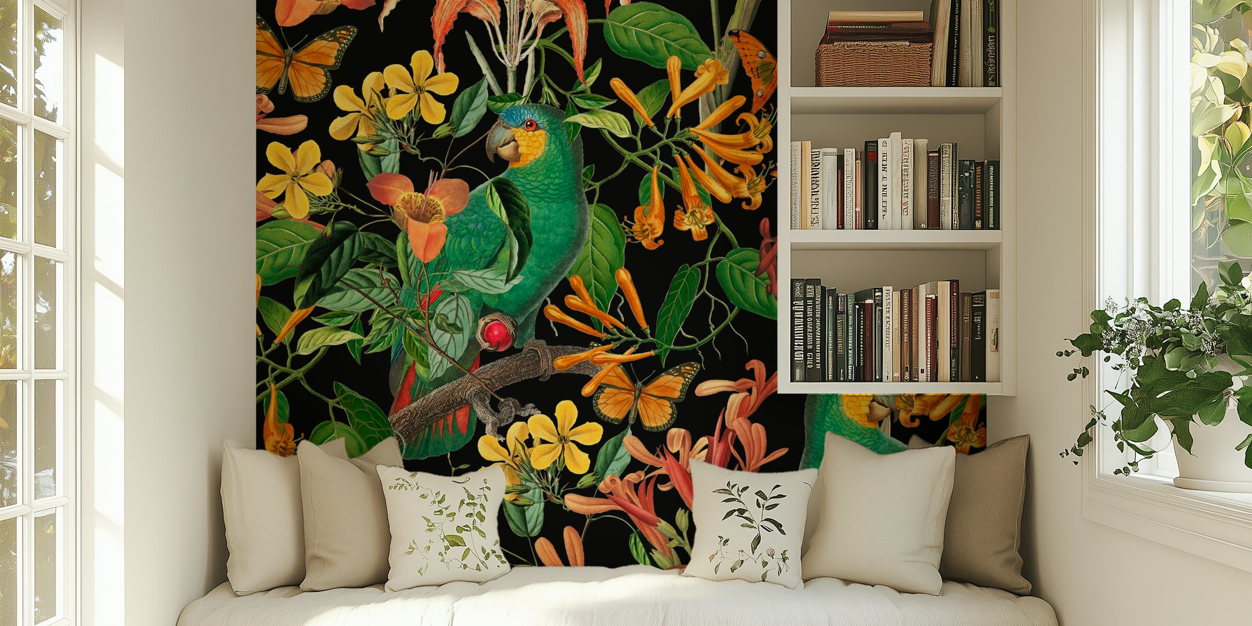 Green parrots and colorful flowers on a black background wallpaper