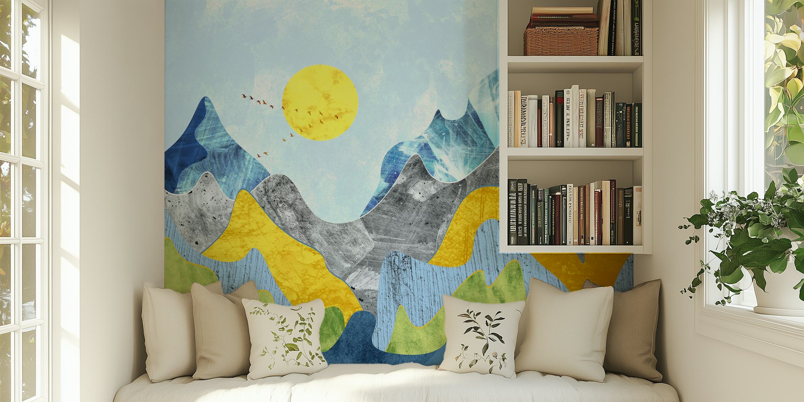 Colorful mountain landscape art with blue, yellow, and green hues wallpaper