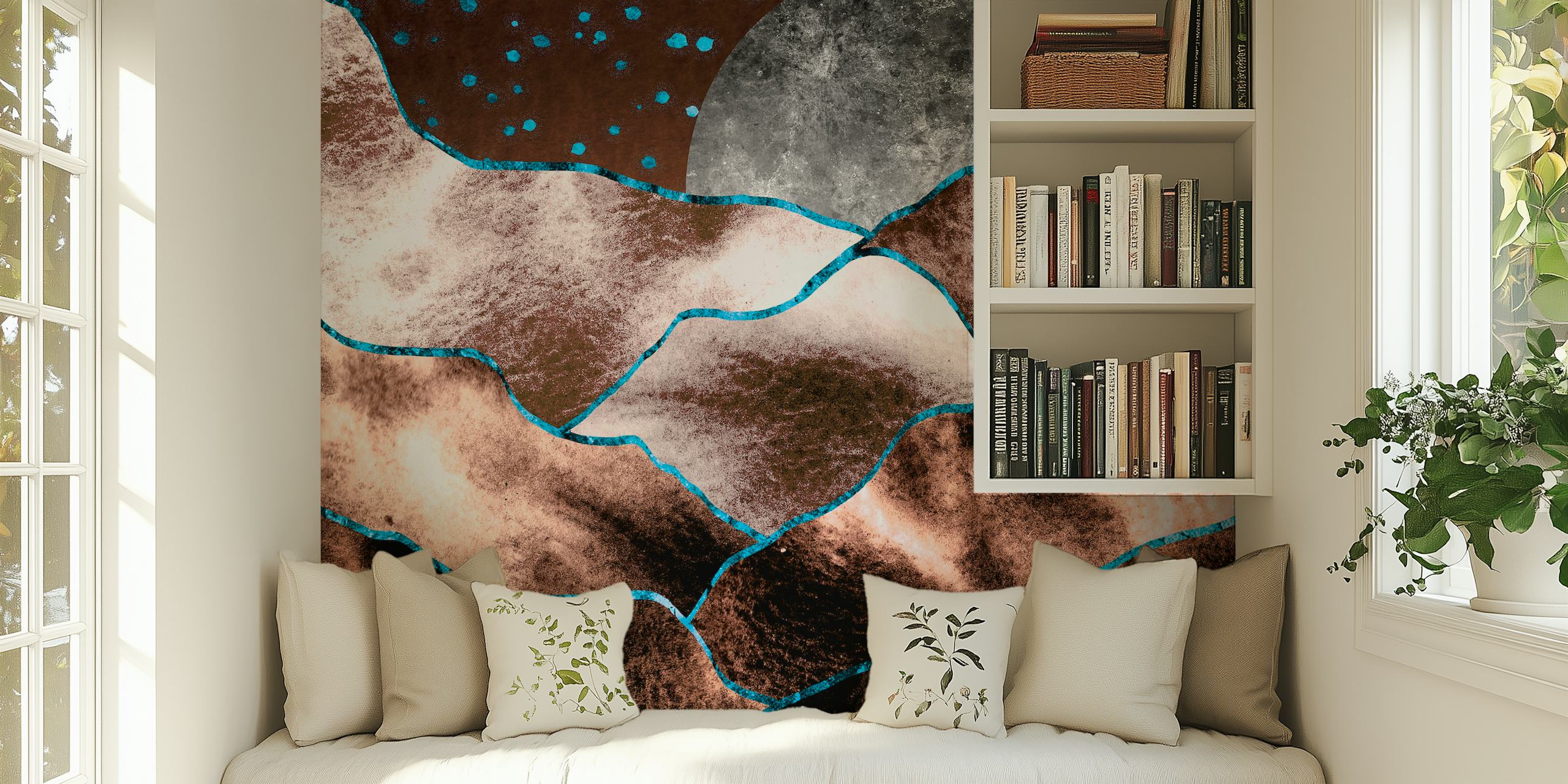 Abstract Copper Mountains wall mural with blue accents and a moon