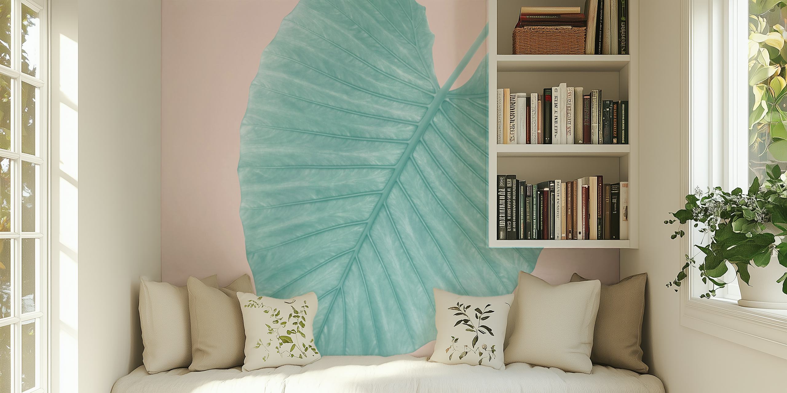 Fototapeta Love Leaves Evergreen Blush 1 - Jediný zelenozelený list na měkkém růžovém pozadí