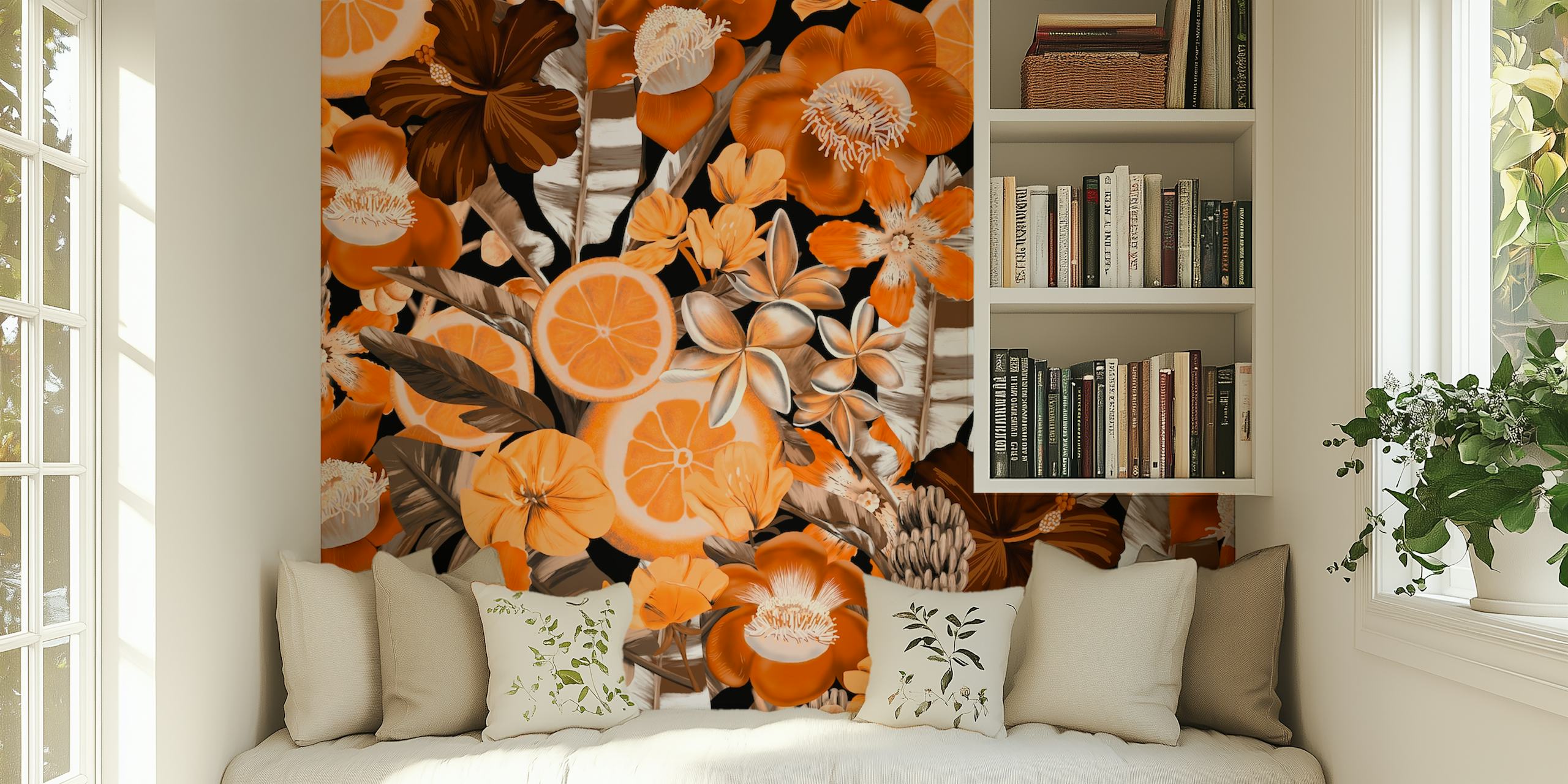 Seamless flowers and fruits wallpaper in een kamer