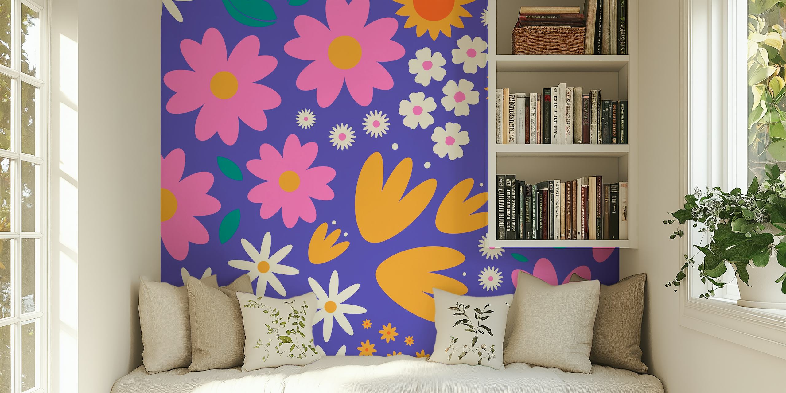 Colorful floral design with pink and yellow flowers on purple wallpaper