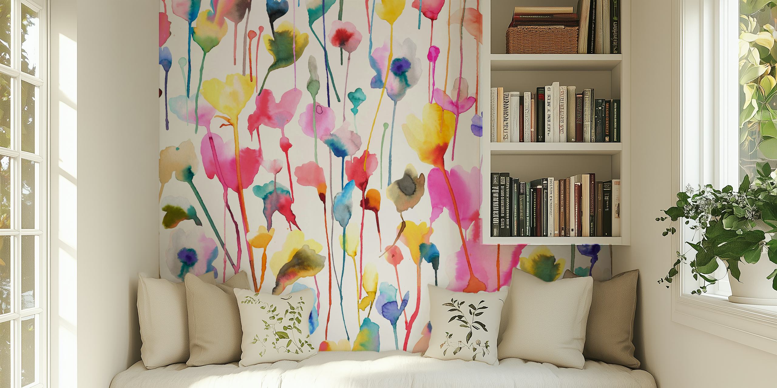 Colorful watercolor wildflowers with pink, yellow, blue hues floral wallpaper