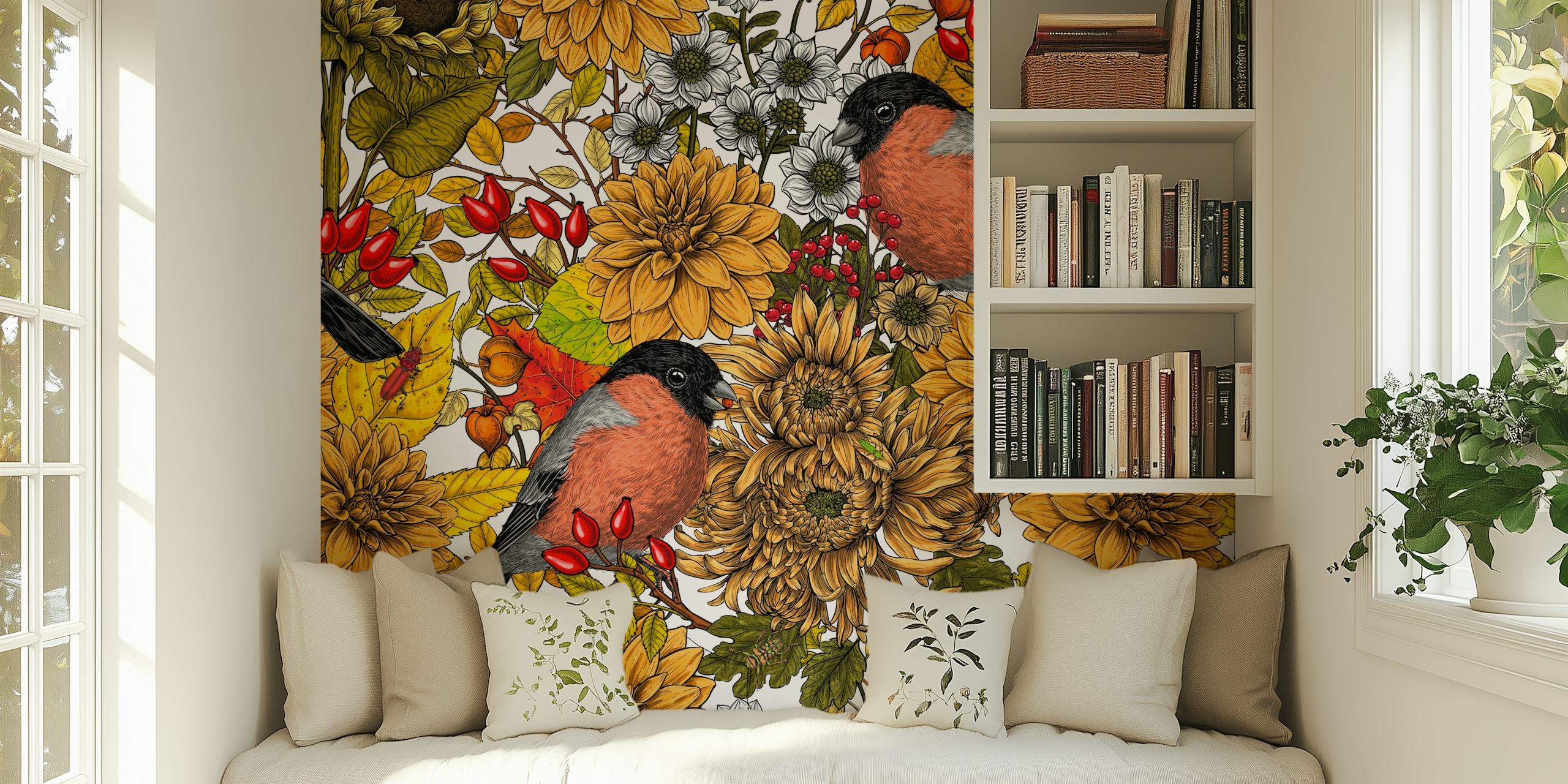 Wall mural with sunflowers, marigolds, and birds representing autumn garden scenery