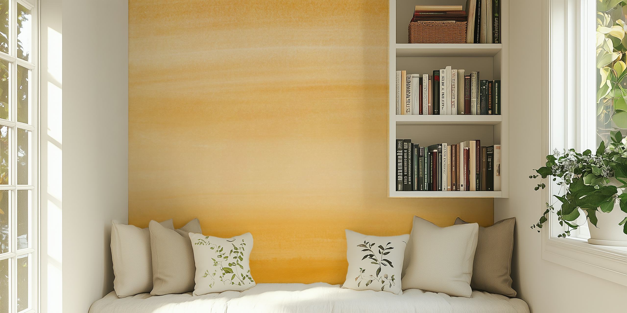 Warm yellow watercolor wallpaper in a room
