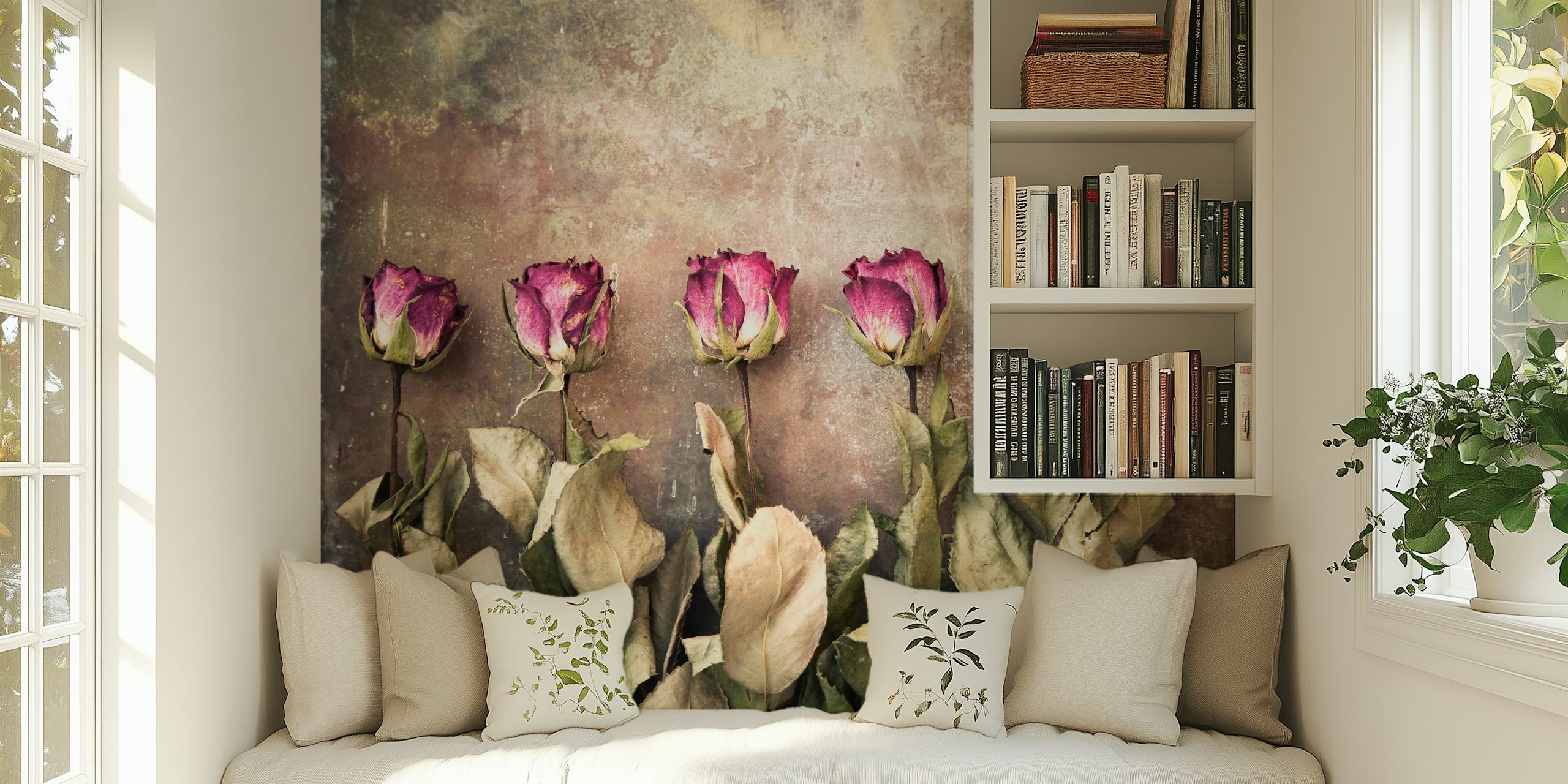 Five dried roses with purple petals and green leaves wallpaper