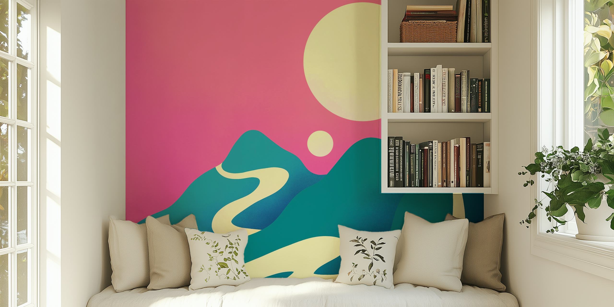 Abstract mountains in turquoise and pink wallpaper