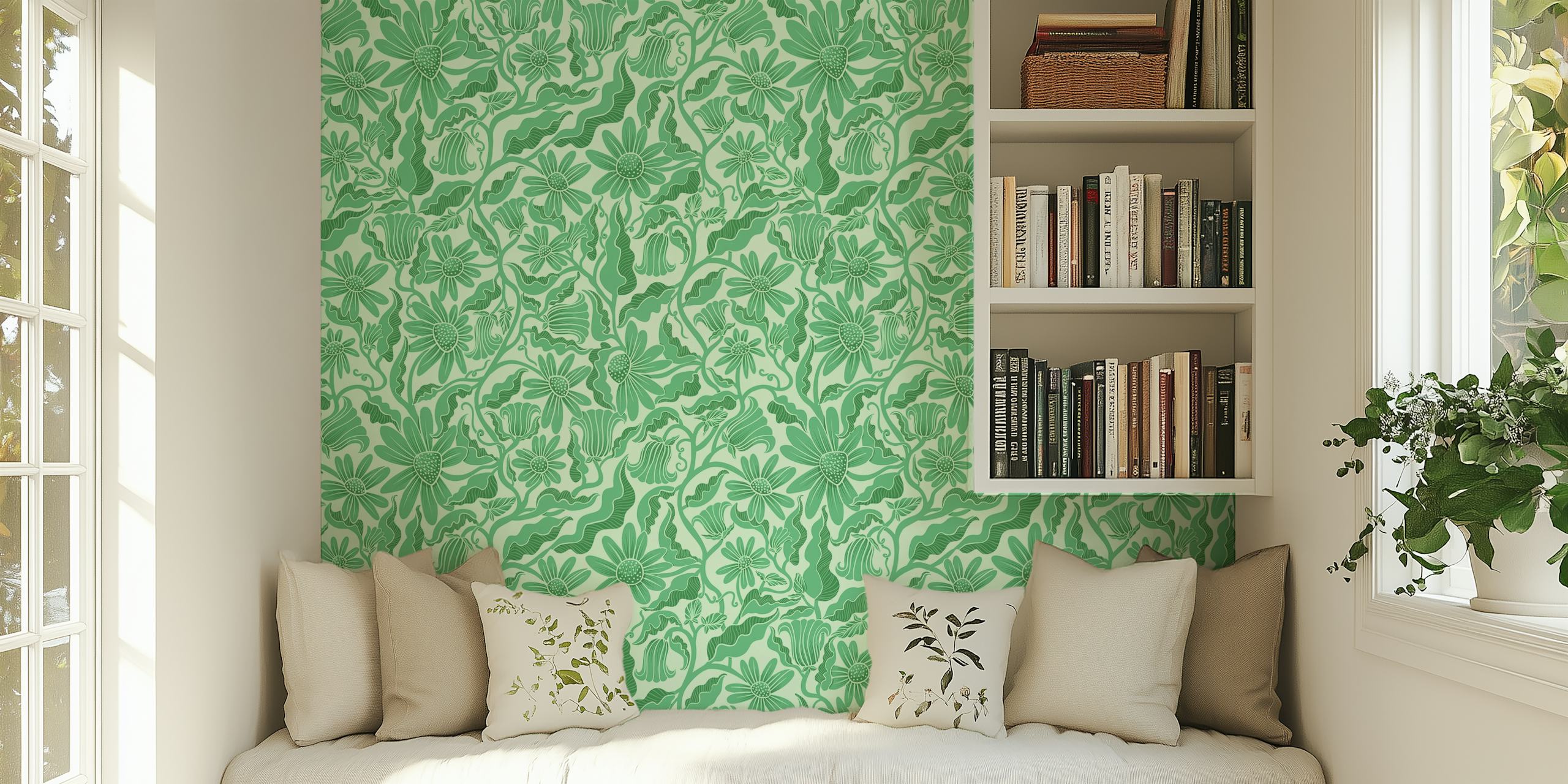 Monochrome Florals Green papel pintado en una habitación