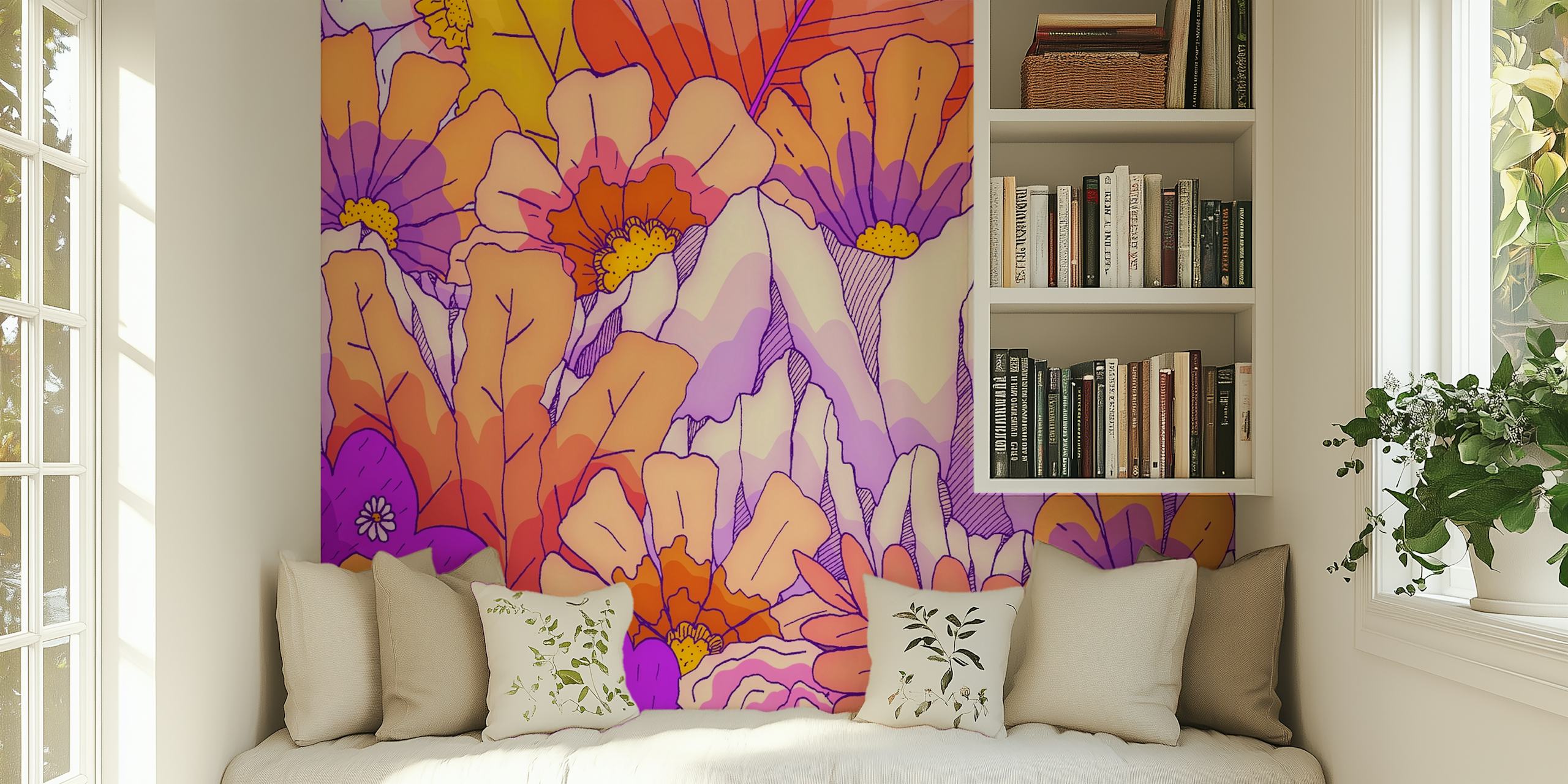 Colorful floral wall mural with purple, pink, and orange hues