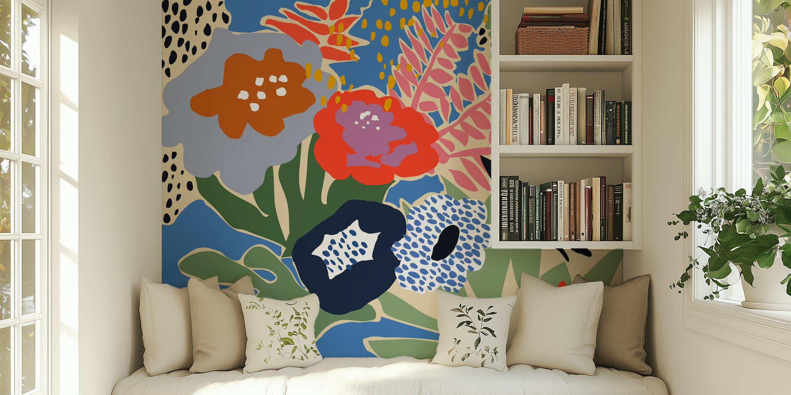 Stunning image showing the detailed brilliance of our Maximalist floral shapes wallpaper