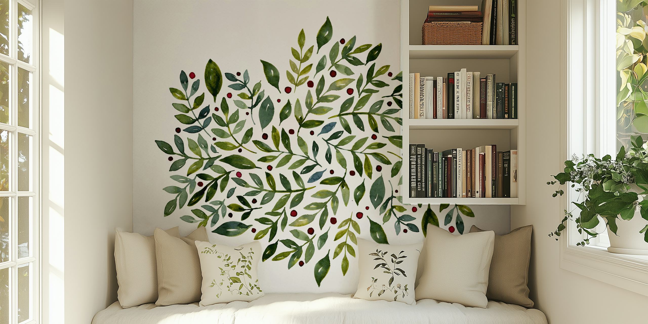 Kuvitettu vihreä lehdet ja punaiset marjat seinämaalaus