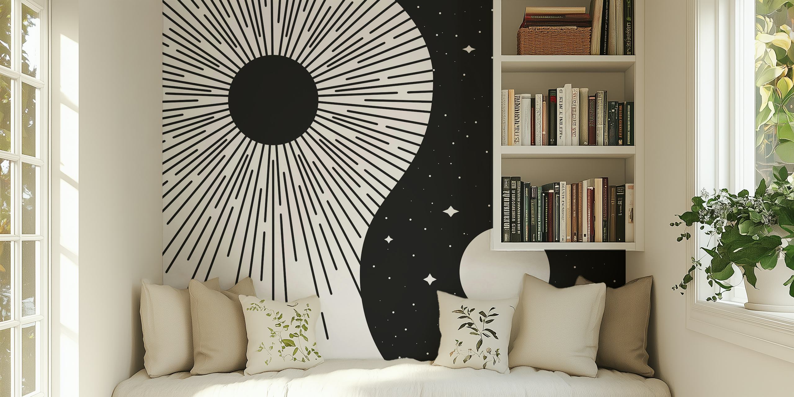 Yin Yang Sort solstråle og måne med stjerner vægmaleri