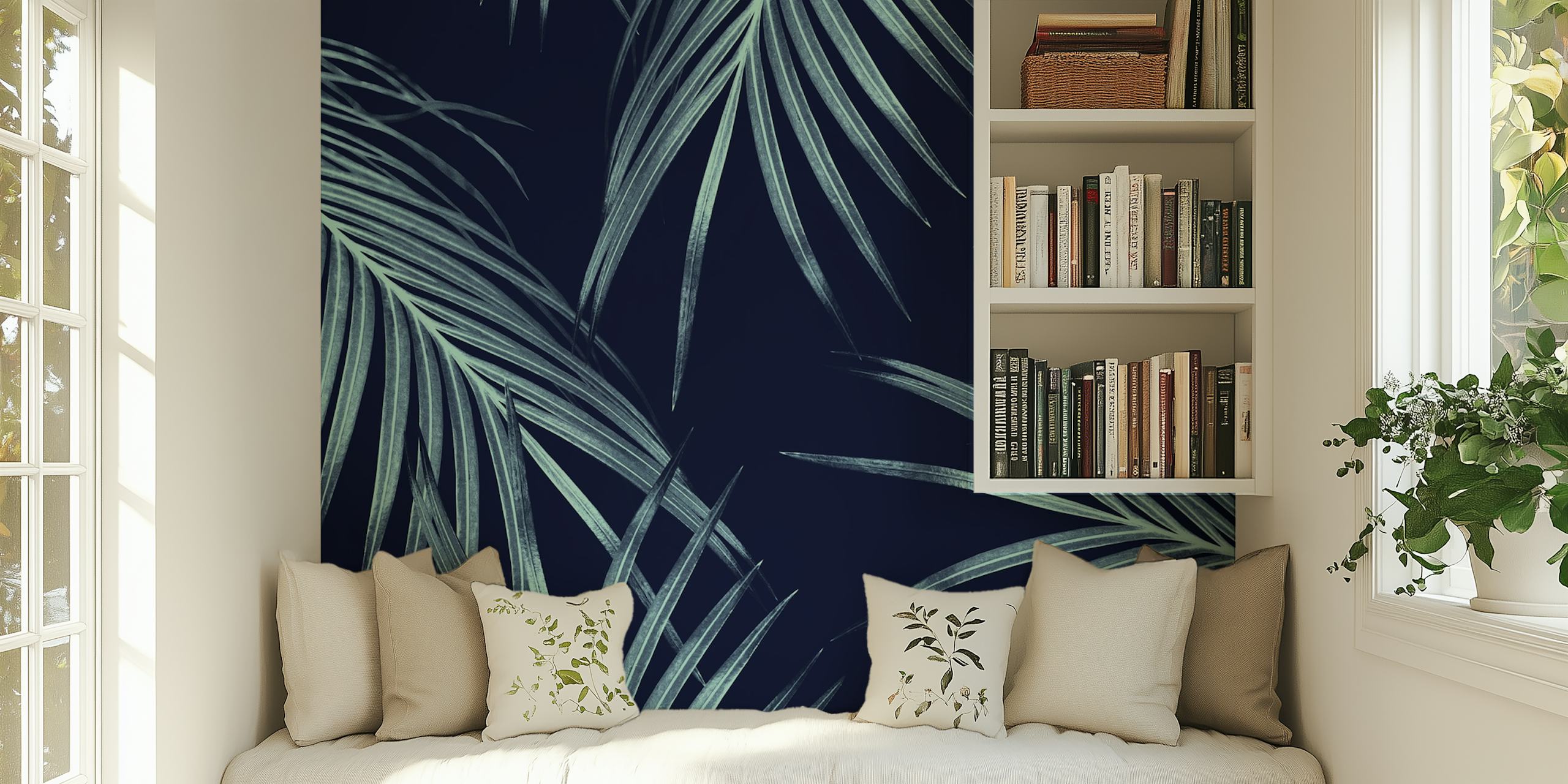 Navy blue tropical palm leaves wallpaper