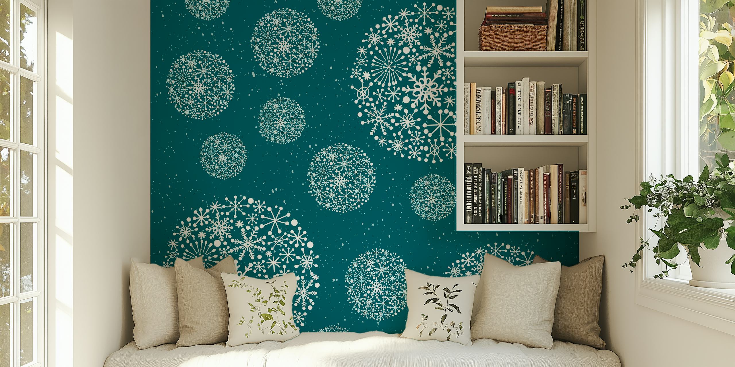 Elegant snöflingemönster på en teal bakgrundstapet