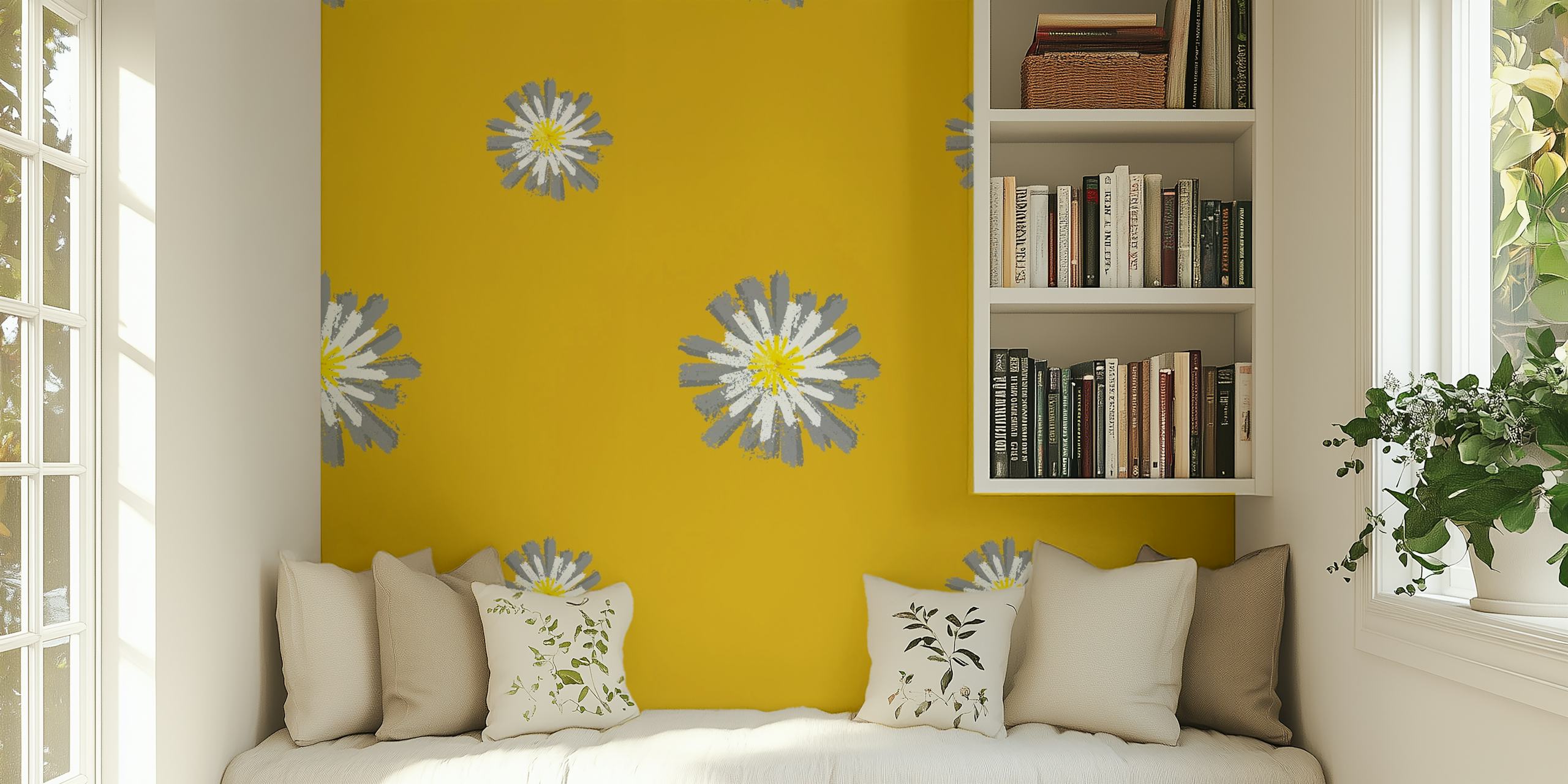 White daisies with yellow centers on a mustard yellow background for wall mural
