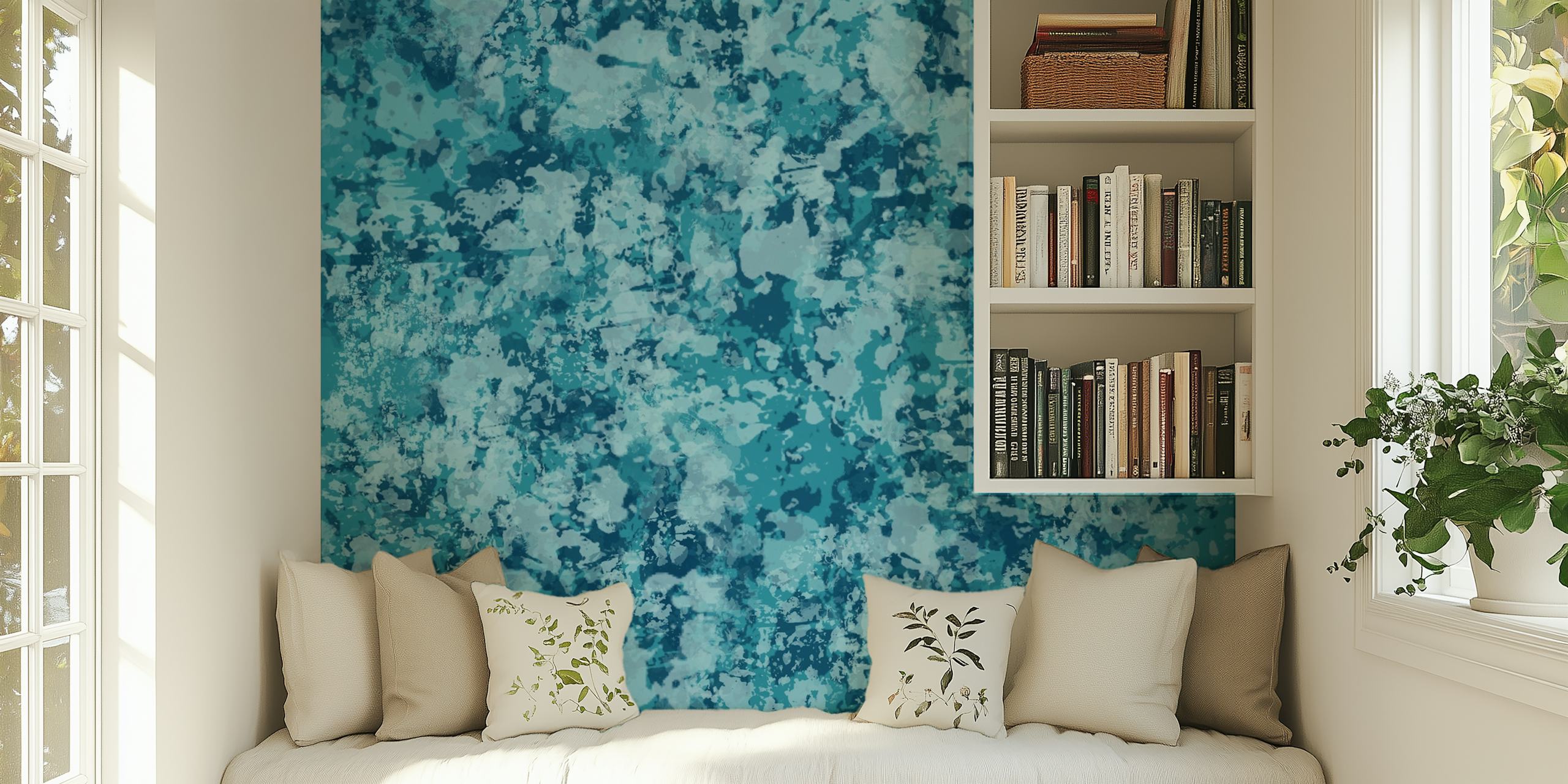 Blauw teal camouflagepatroon muurschildering met abstract ontwerp
