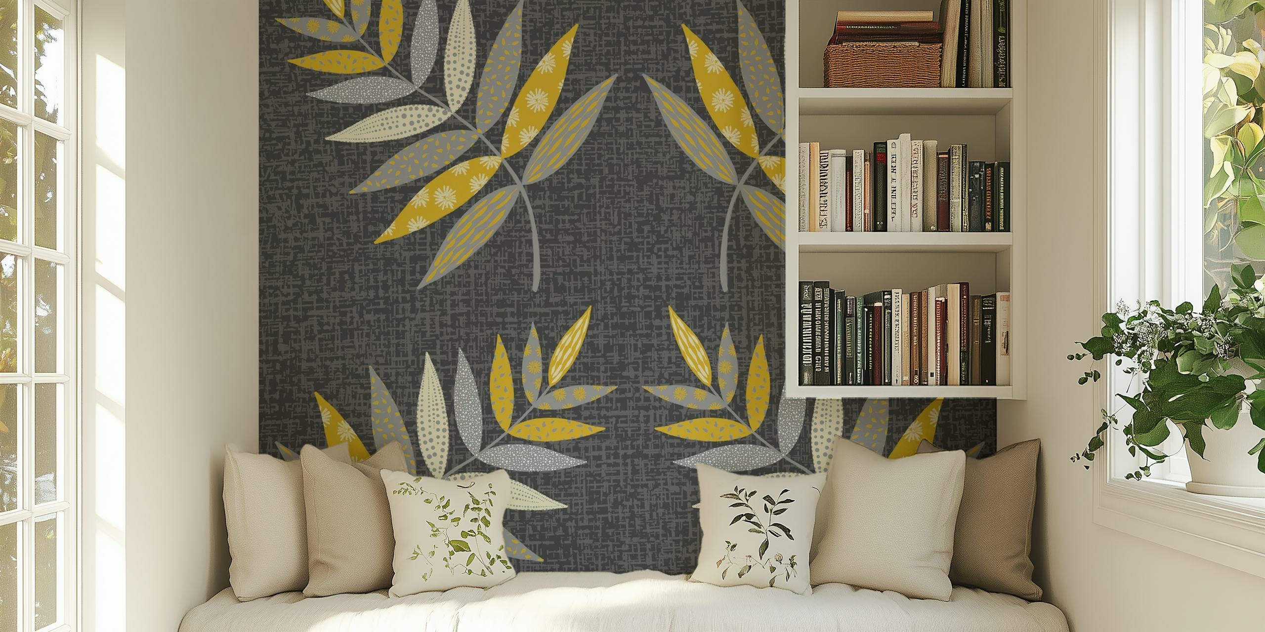 Stylish grey wall mural with patterned leaves in earth tones